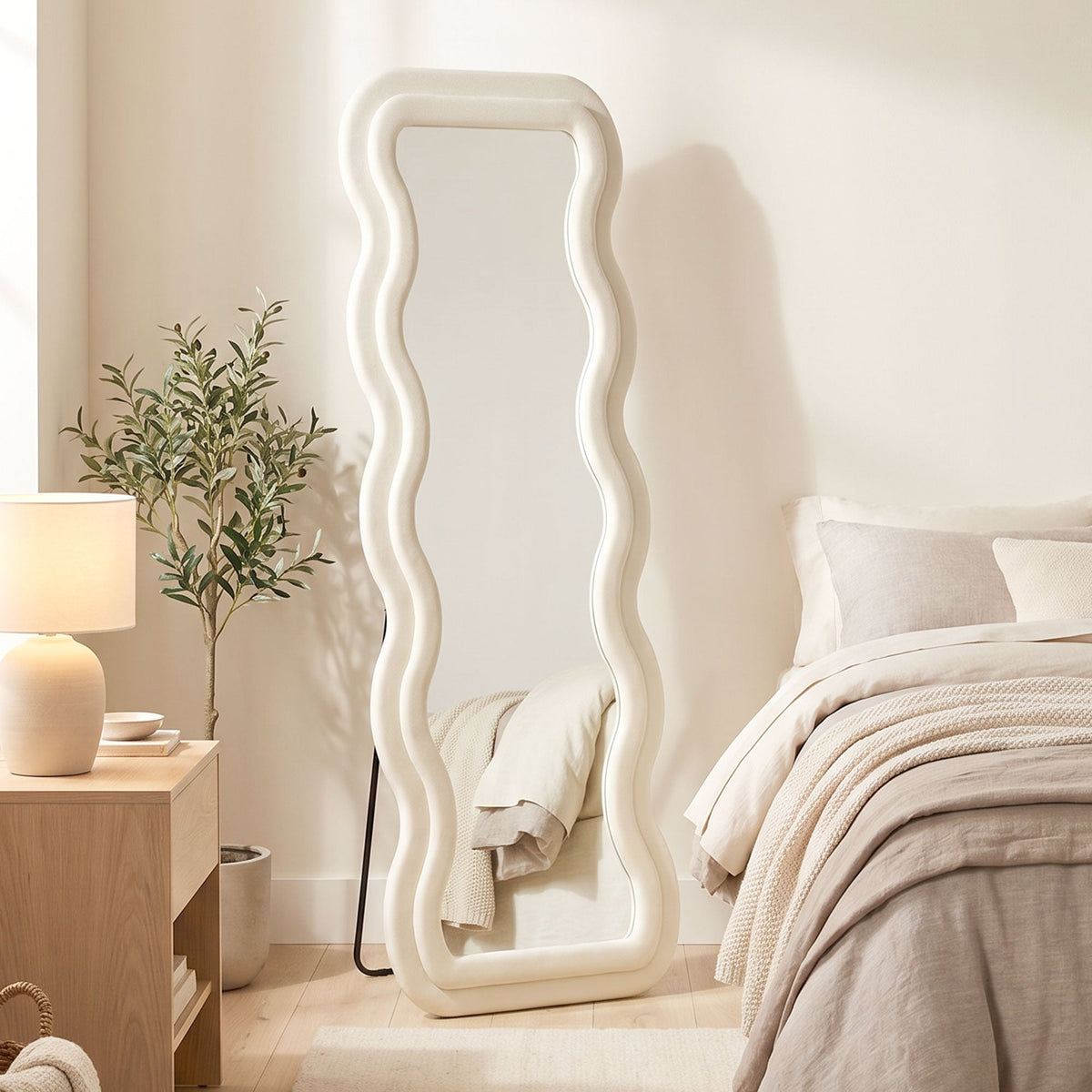 Full Length Mirror, 160 x 60 cm Wavy Large Full Body Standing Mirror with Velvet Frame, HD Tempered Glass, Floor Standing, Wall Hanging or Leaning for Bedroom,  Living Room, Cream White