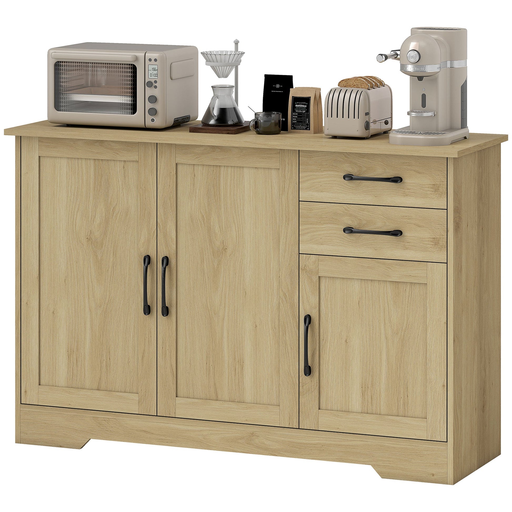 Sideboard with Soft-Close Doors, Modern Storage Cabinet, Kitchen Cupboard with 2 Drawers, Adjustable Shelf and 3 Doors for Dining Room, Living Room, Natural Wood Finish