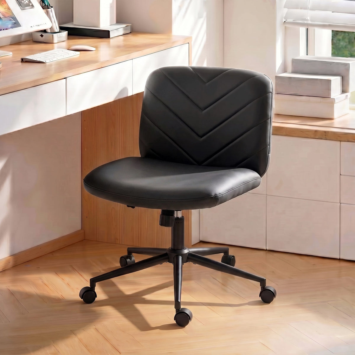 Criss Cross Legged Office Chair with Wide Seat, Swivel Desk Chair with Wheels, Rocking Function, Backrest, Adjustable Height, High-Density Foam, Computer Seat for Home Office, Bedroom, Black