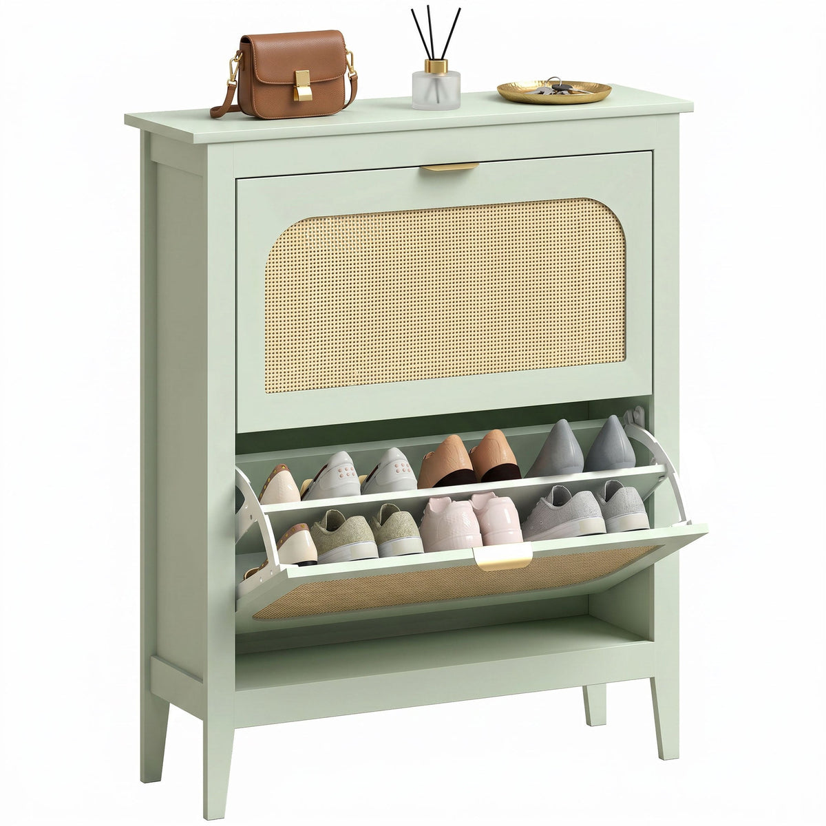 Shoe Storage Cabinet with 2 Flip Drawers, Boho Slim Shoe Cabinet with Rattan Doors for Entryway, Hallway, Holds 14 Pairs, Light Green