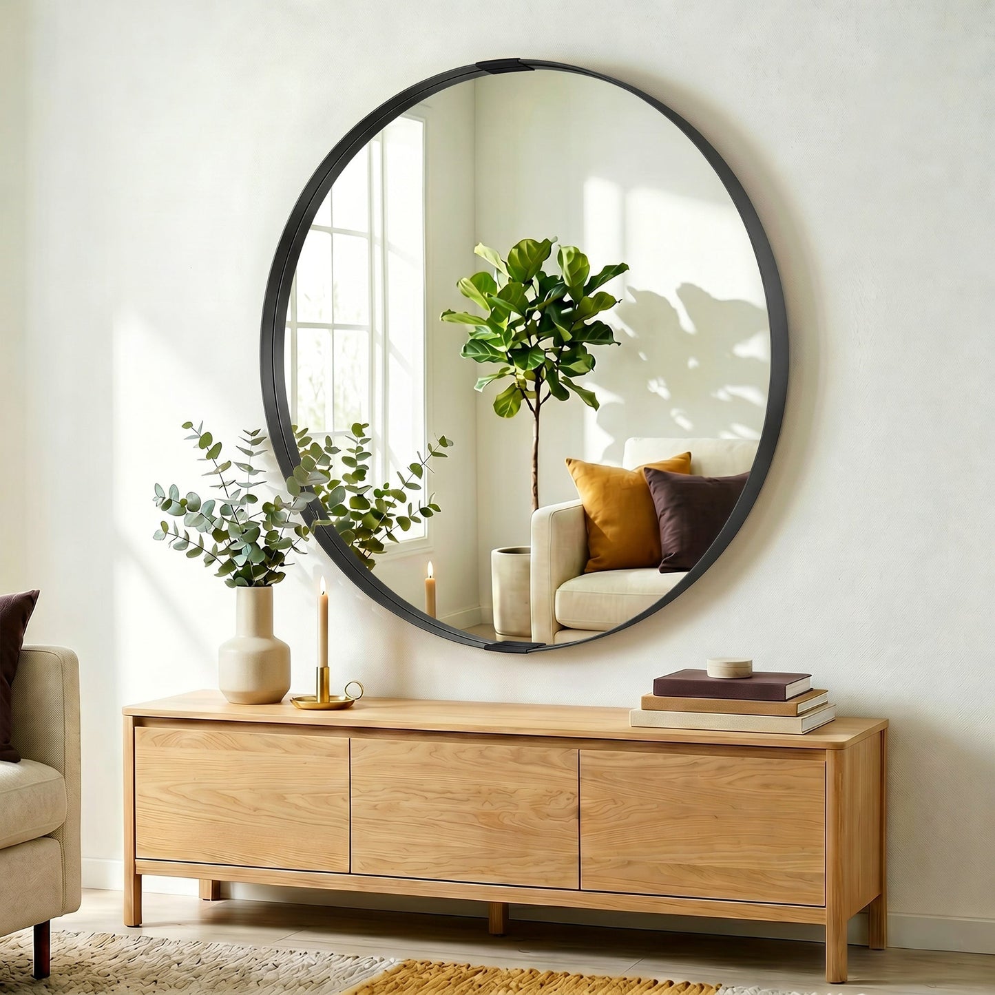 Round Wall Mirror 61 cm, Wall Mounted Bathroom Mirror with Tempered Safety Glass and Aluminium Alloy Frame for Living Room, Bedroom, Entryway, Home, Black