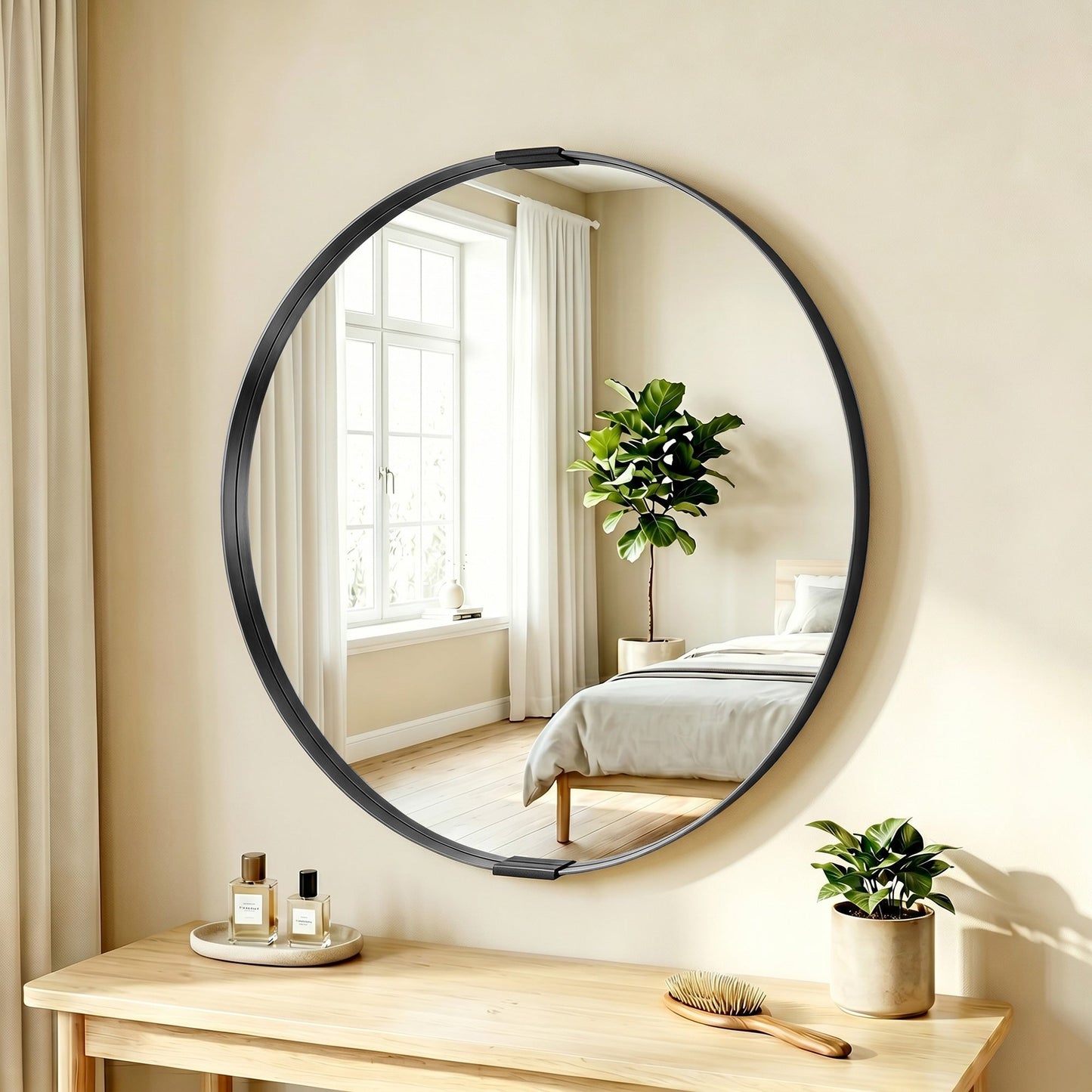 Round Wall Mirror 61 cm, Wall Mounted Bathroom Mirror with Tempered Safety Glass and Aluminium Alloy Frame for Living Room, Bedroom, Entryway, Home, Black