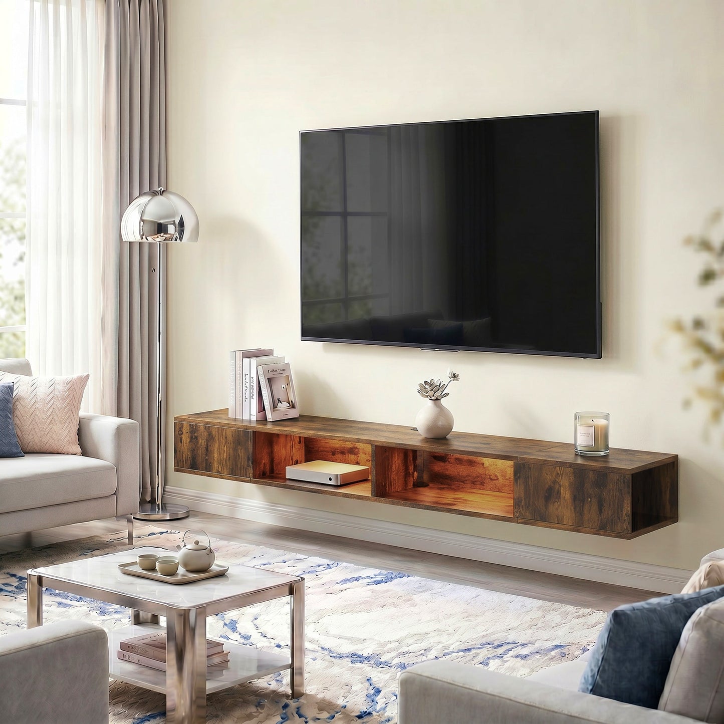 TV Stand for TVs up to 75 Inch, Industrial Entertainment Center with RGB LED Lights, USB Powered, Wall-Mounted Media Console Table with 4 Open Storage Shelves for Living Room, Rustic Brown