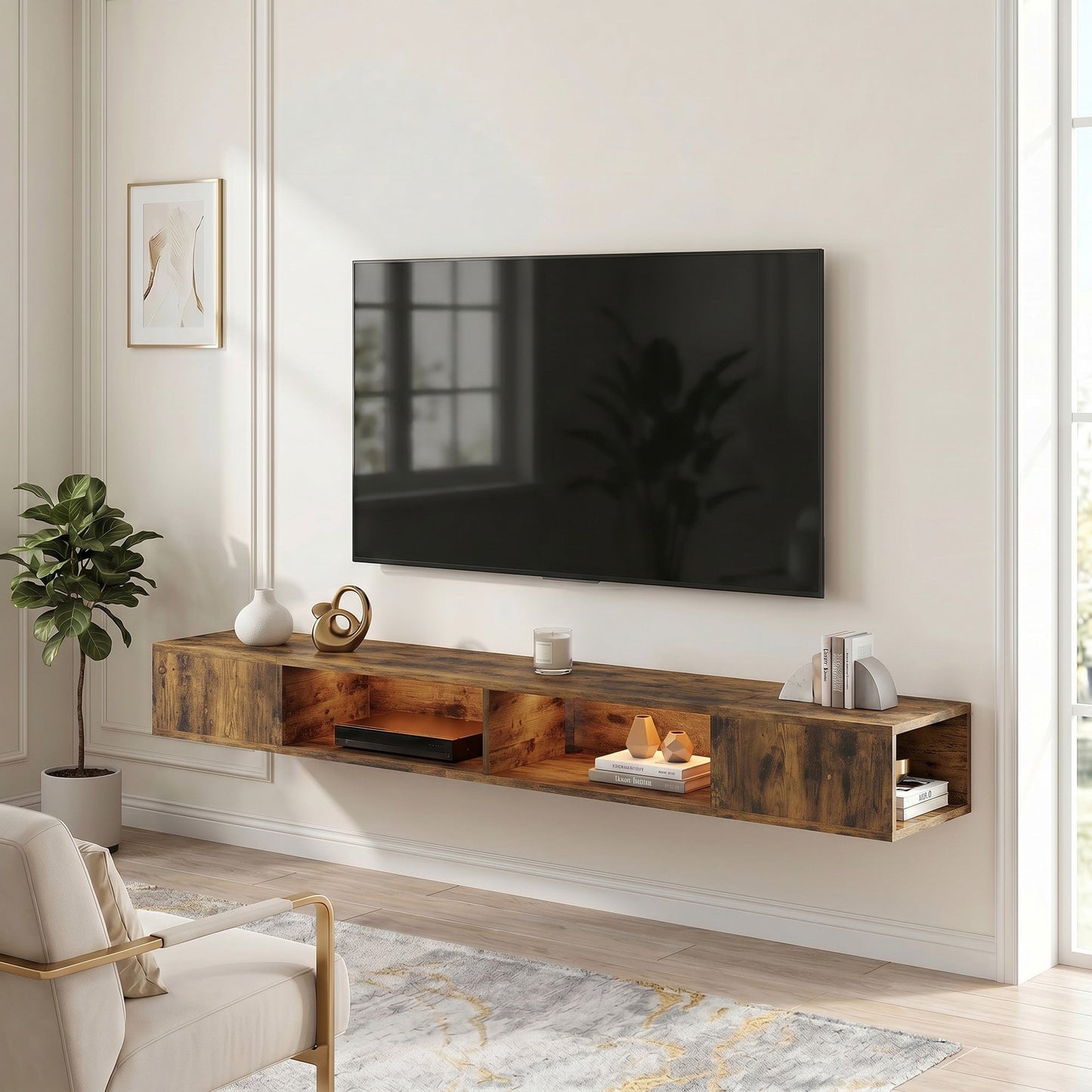 TV Stand for TVs up to 75 Inch, Industrial Entertainment Center with RGB LED Lights, USB Powered, Wall-Mounted Media Console Table with 4 Open Storage Shelves for Living Room, Rustic Brown