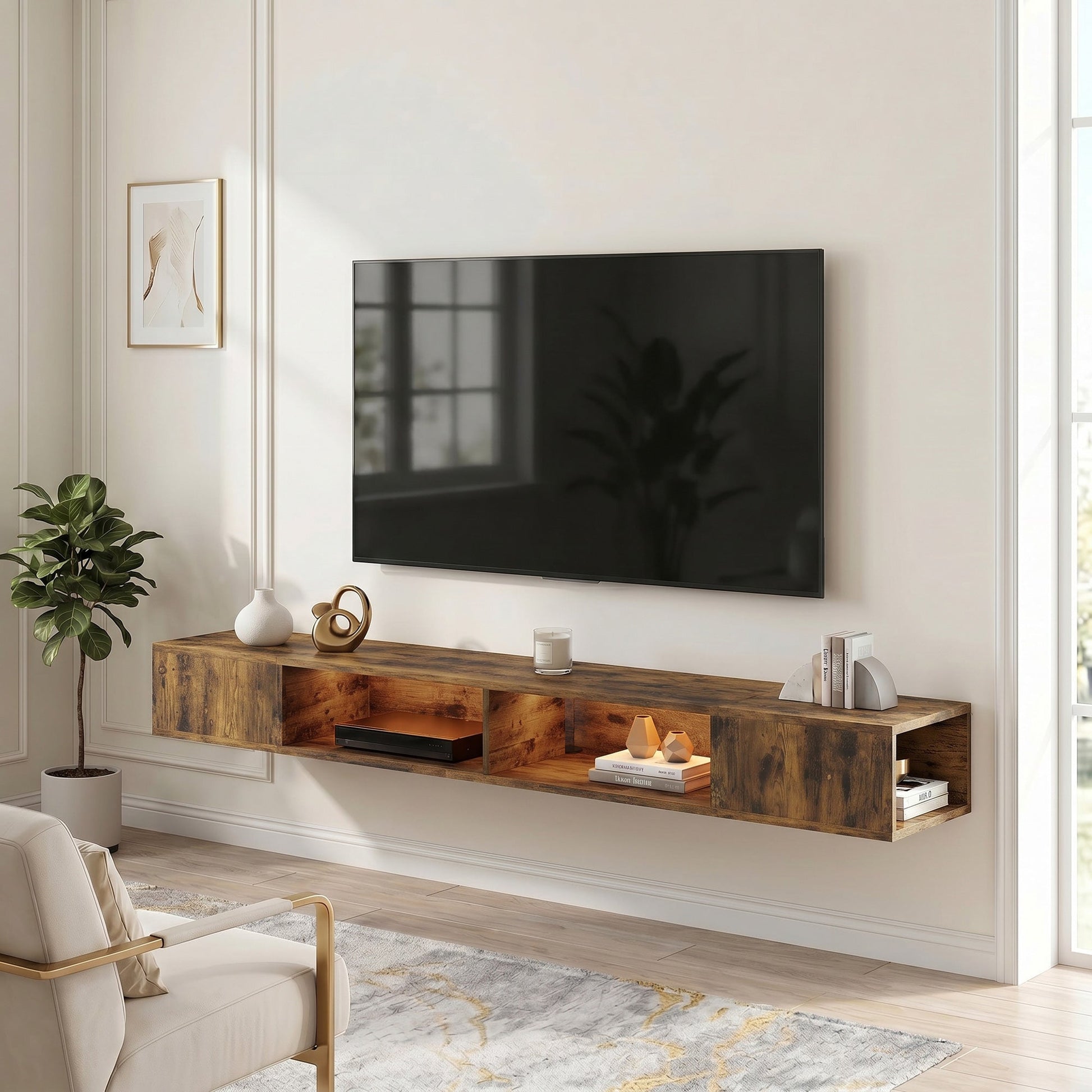 TV Stand for TVs up to 75 Inch, Industrial Entertainment Center with RGB LED Lights, USB Powered, Wall-Mounted Media Console Table with 4 Open Storage Shelves for Living Room, Rustic Brown