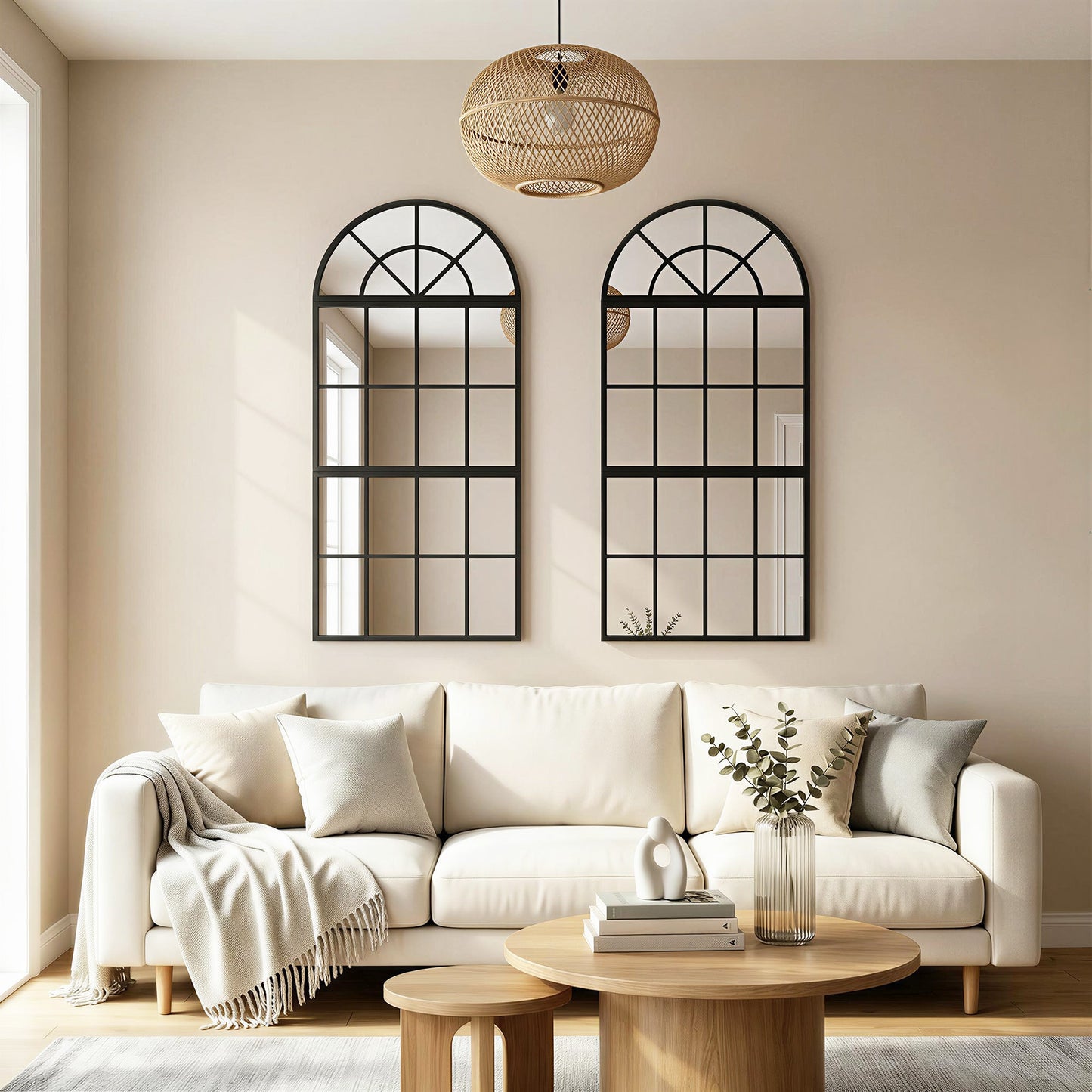 120 x 54 cm, Modern Large Arched Wall Mirror with Metal Grid, 3-Piece Split Window Mirrors with Tempered Glass for Window Decoration, Bedroom and Entryway, Black