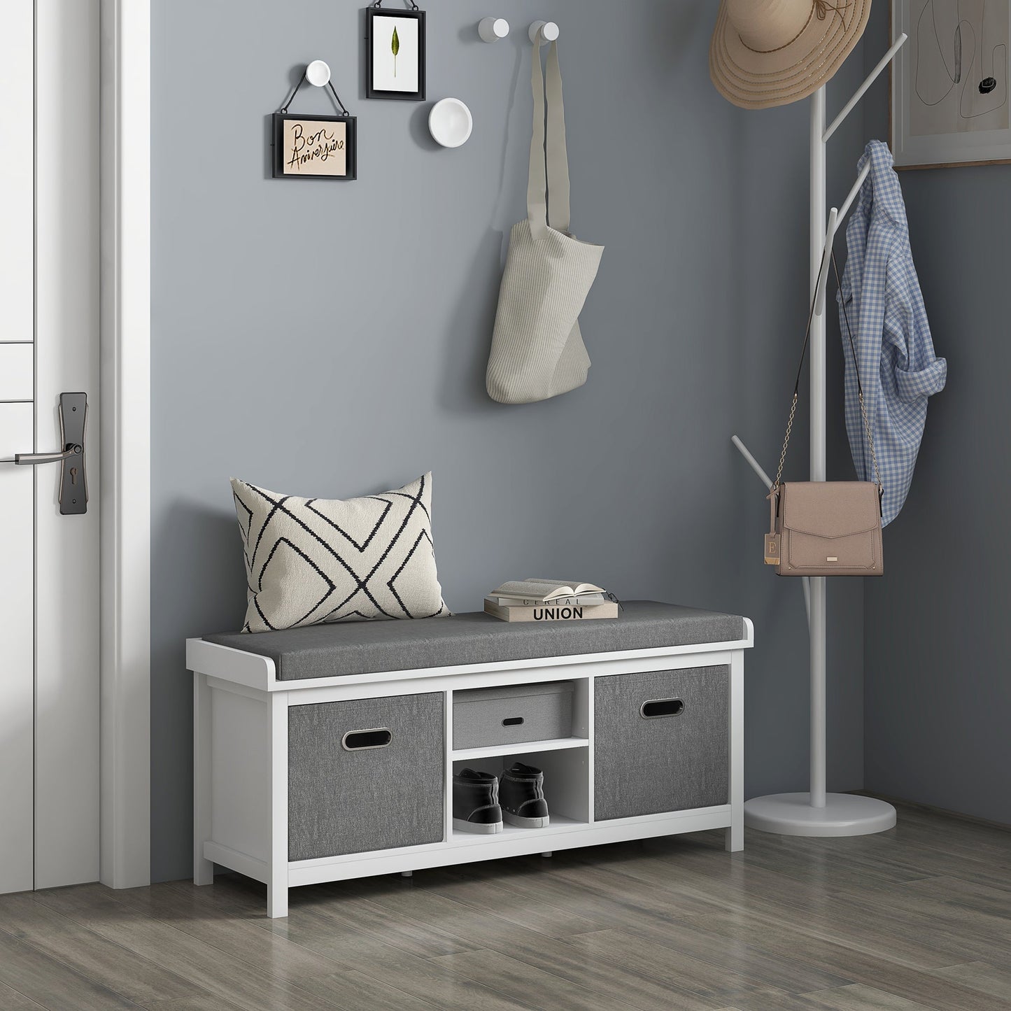 HOMCOM Shoe Bench with Seat, Shoe Storage Bench with Cushion, 2 Drawers and Adjustable Shelf for Entryway, Hallway, Living Room, Bedroom, White