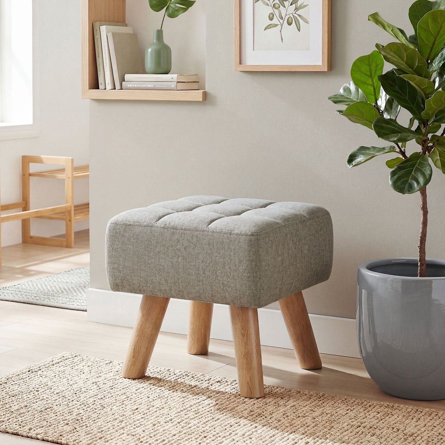 Modern Tufted Footstool, Fabric Foot Stool with Rubber Wood Legs, Padded Seat, for Living Room, Bedroom, Entryway, Light Brown