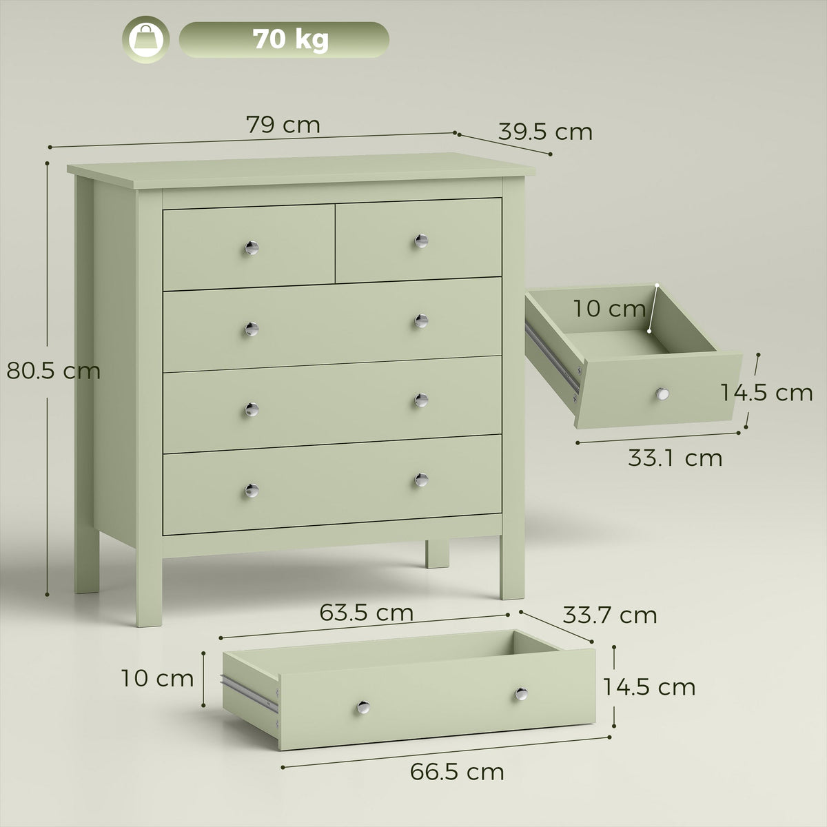 5 Drawer Chest of Drawers, Modern Dresser for Bedroom, Bedside Storage Cabinet, Wide Storage Unit with Glide Runners for Living Room, Hallway, Closet, 79 x 39.5 x 80.5 cm, Sage Green