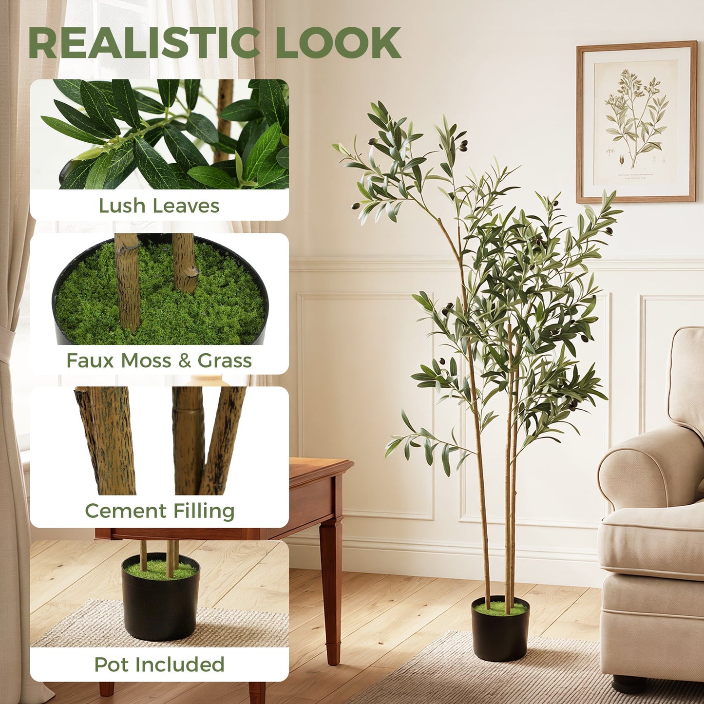148 cm Decorative Artificial Plant, Silk Olive Tree with 553 Leaves in Cement Pot, Fake Plant for Home, Office, Living Room, Indoor Decor