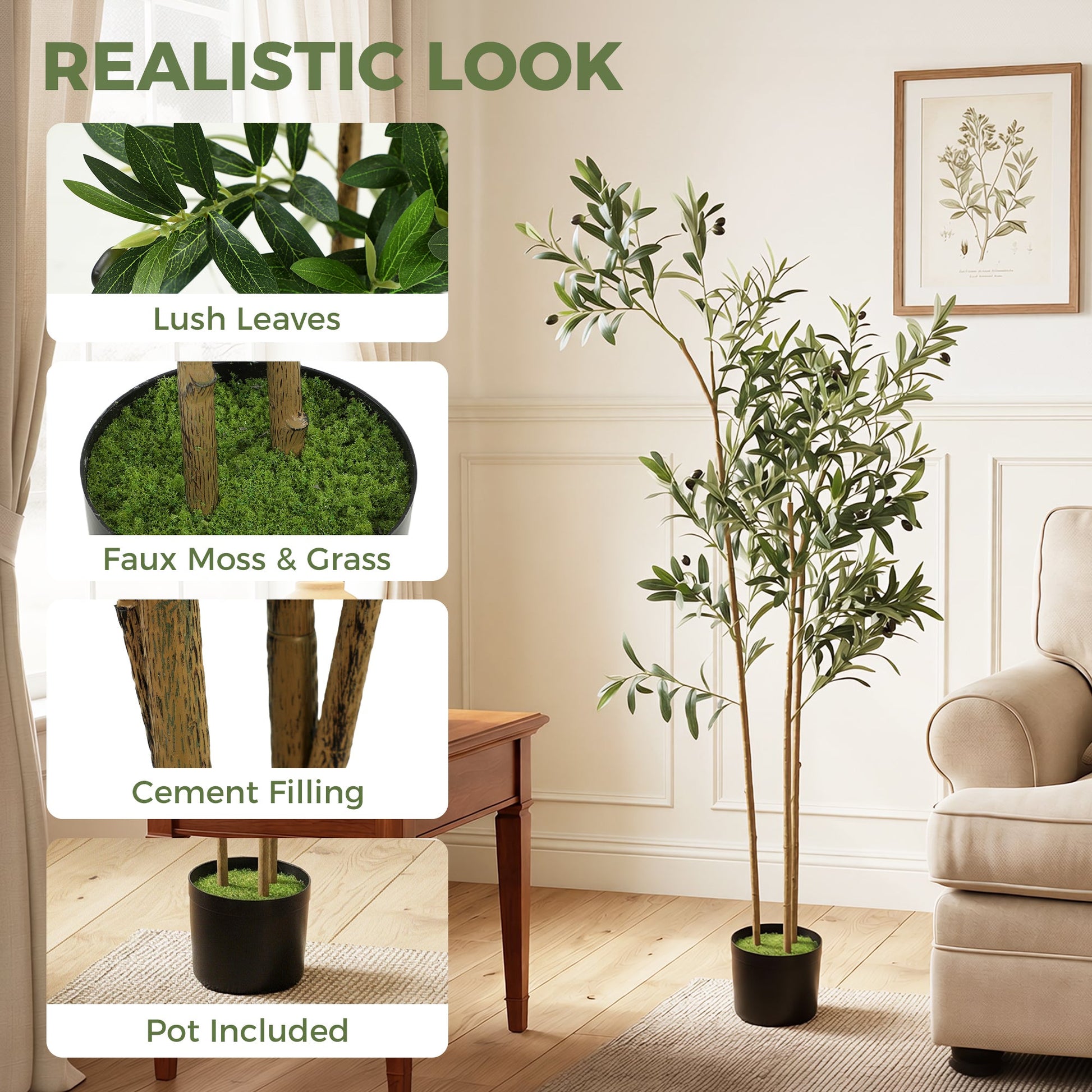 148 cm Decorative Artificial Plant, Silk Olive Tree with 553 Leaves in Cement Pot, Fake Plant for Home, Office, Living Room, Indoor Decor
