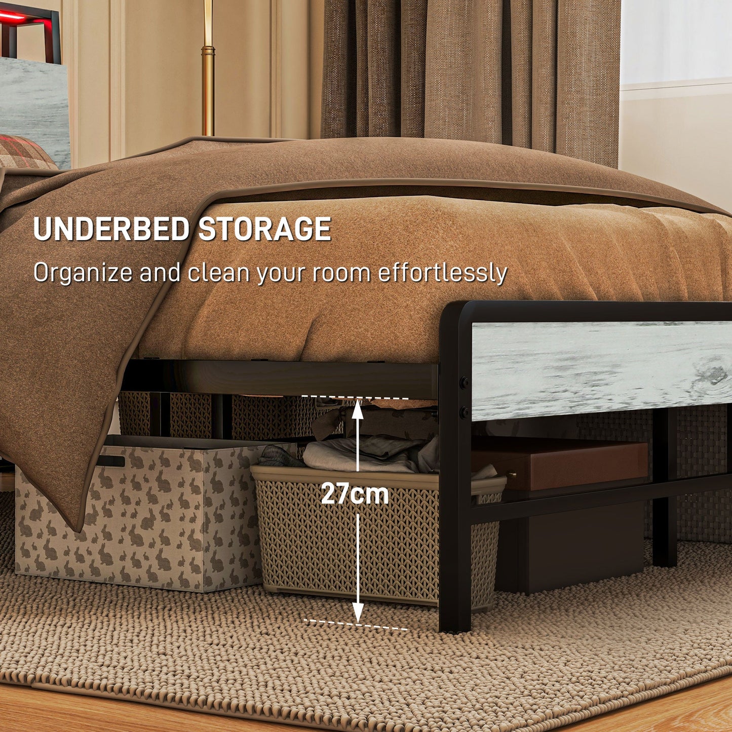 HOMCOM 5ft King Size Bed Frame with LED Lights and Charging Station, Platform Bed Frame with Storage Headboard, Steel Slat Support, No Box Spring Needed, Easy Assembly, Cement Grey