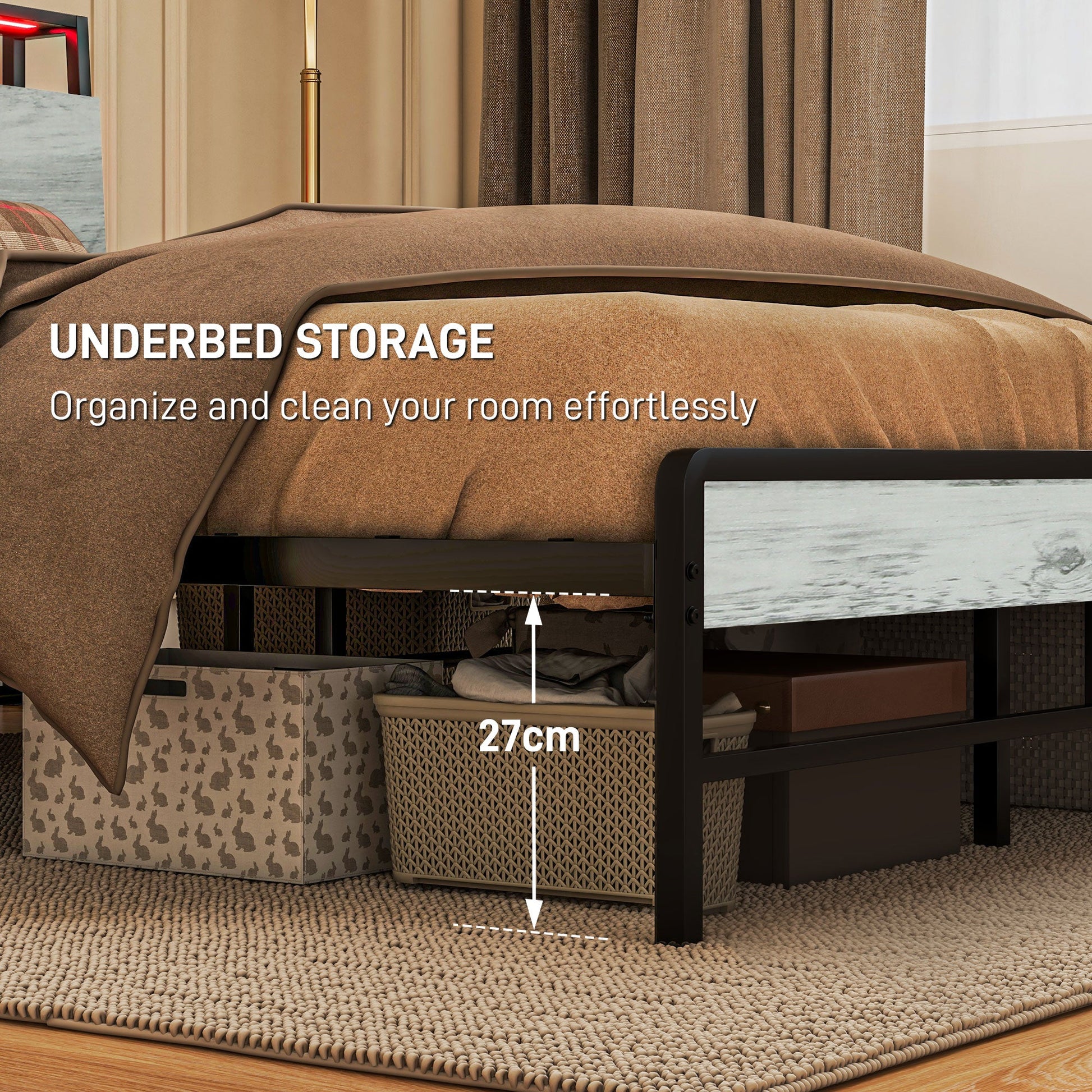 HOMCOM 5ft King Size Bed Frame with LED Lights and Charging Station, Platform Bed Frame with Storage Headboard, Steel Slat Support, No Box Spring Needed, Easy Assembly, Cement Grey