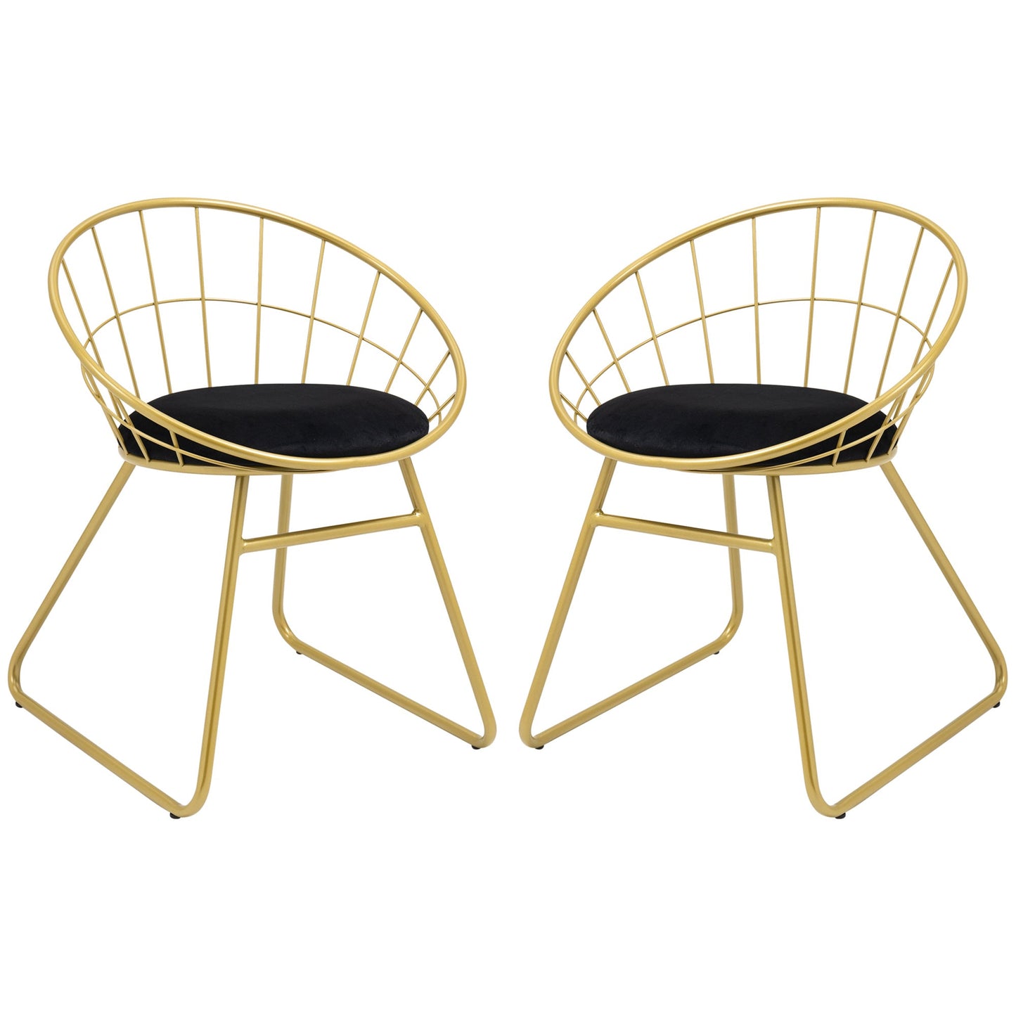 HOMCOM Modern Dining Chairs Set of 2, Metal Wire Kitchen Chair with Velvet-feel Cushion, Round Back and Steel Frame for Living Room, Bedroom, Gold