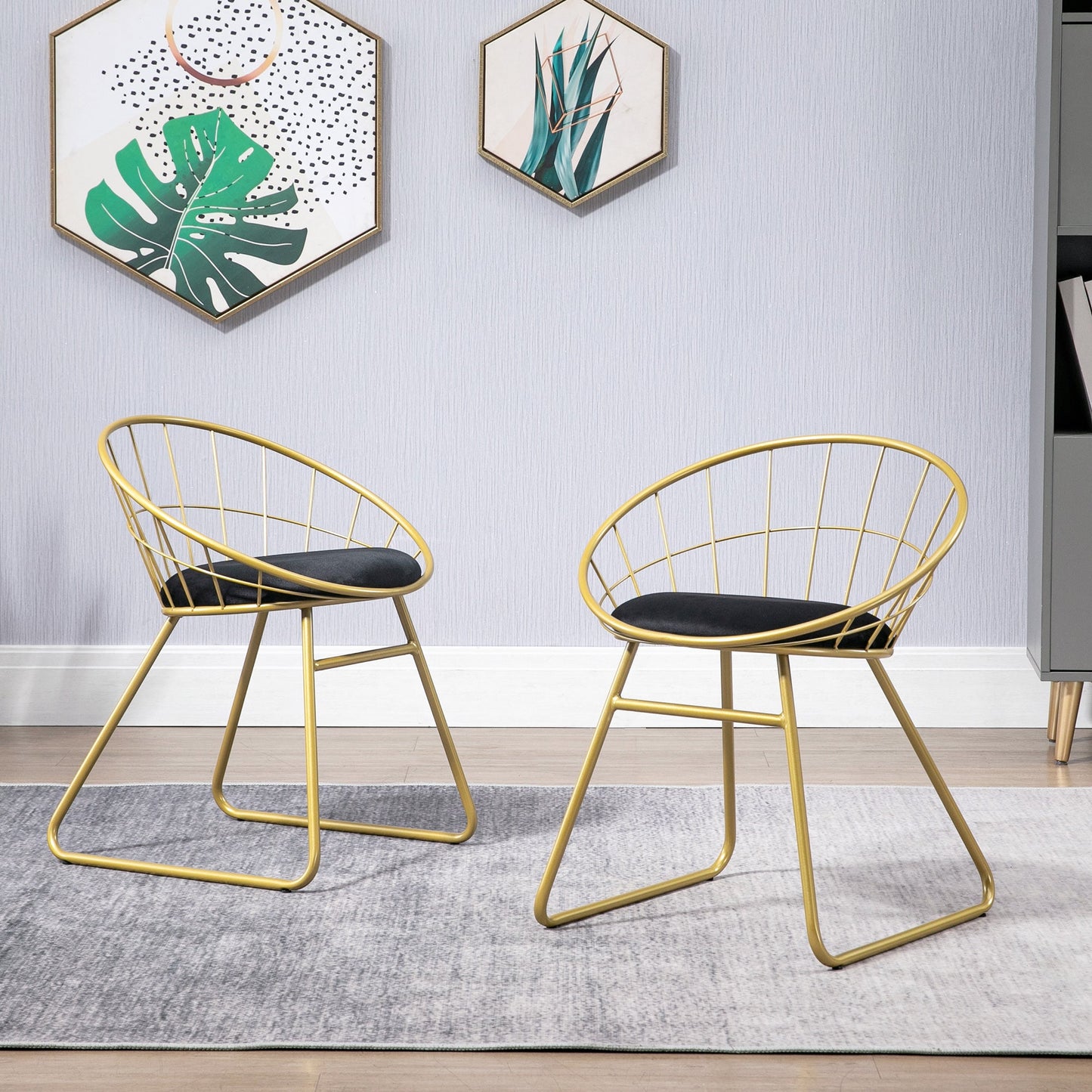 HOMCOM Modern Dining Chairs Set of 2, Metal Wire Kitchen Chair with Velvet-feel Cushion, Round Back and Steel Frame for Living Room, Bedroom, Gold