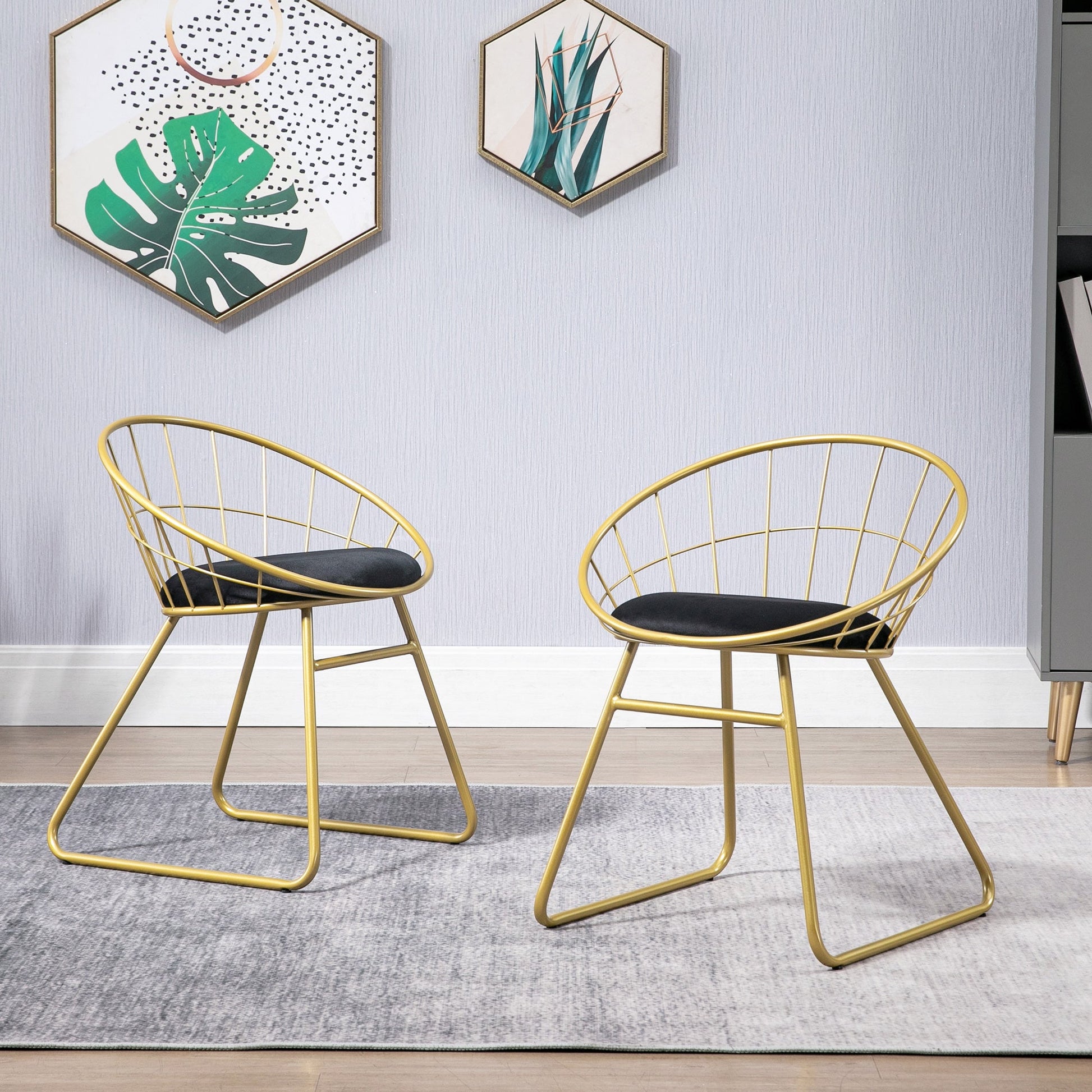 HOMCOM Modern Dining Chairs Set of 2, Metal Wire Kitchen Chair with Velvet-feel Cushion, Round Back and Steel Frame for Living Room, Bedroom, Gold