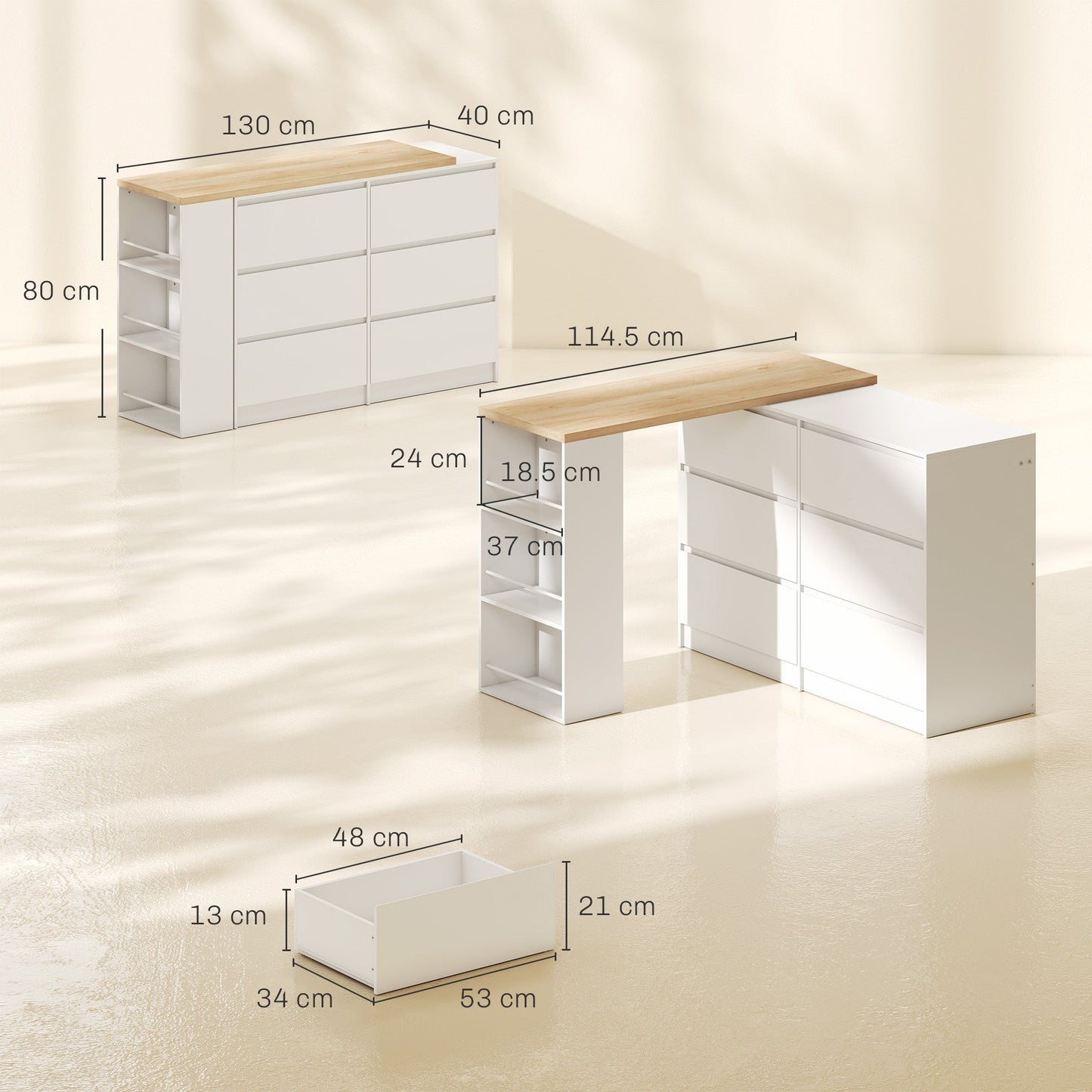 Dressing Table with 6 Drawers, 3-Tier Shelf, Straight or L-Shaped Layout, Makeup Desk for Bedroom, White
