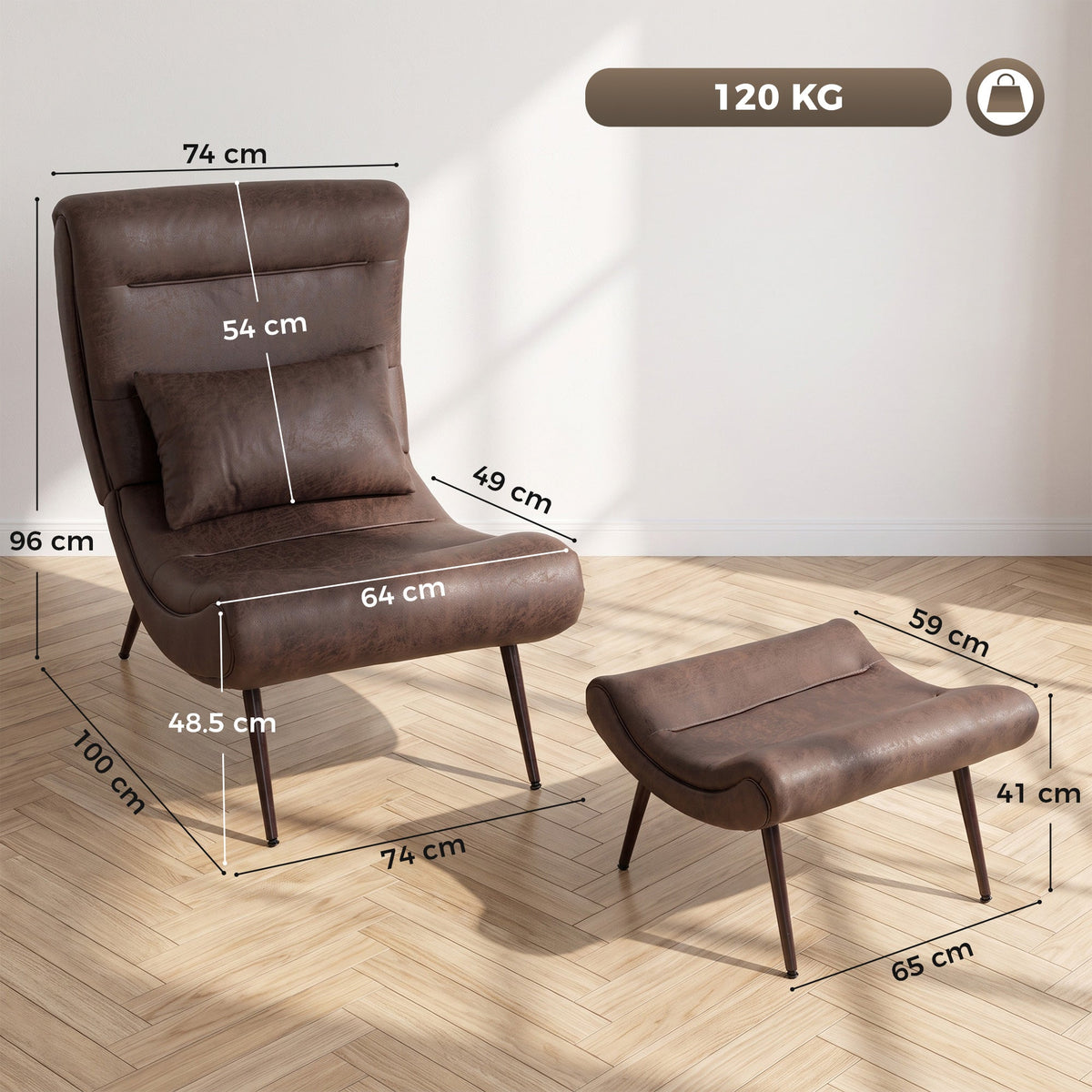 Modern Accent Chair with Footstool, Upholstered Lounge Chair with 64cm Wide Seat, Lumbar Pillow, Trapezoidal Backrest, Wood-Effect Steel Legs, Reading Seat for Living Room, Study, Dark Brown