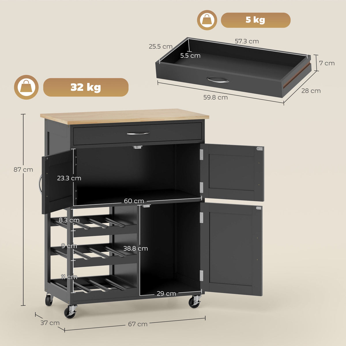 Modern Kitchen Trolley, Rolling Island Storage Cart with Drawer, 9-bottle Wine Rack, Door Cabinets, Wooden Countertop, Black