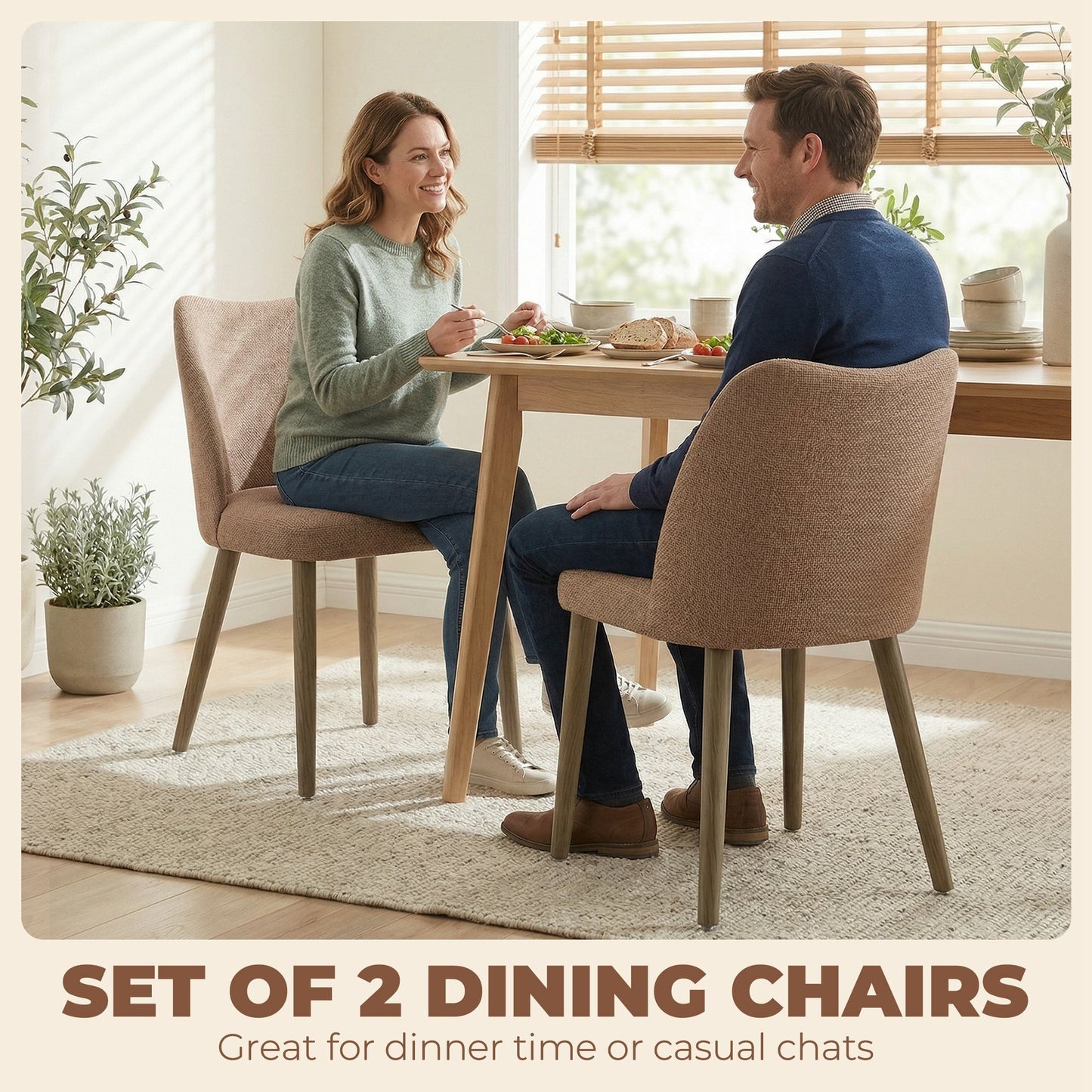 Dining Chairs Set of 2, Modern Linen Upholstered Kitchen Chairs with Padded Seat, Curved Backrest, Rubberwood Legs for Dining Room, Bedroom, Living Room, Easy Assembly, Brown