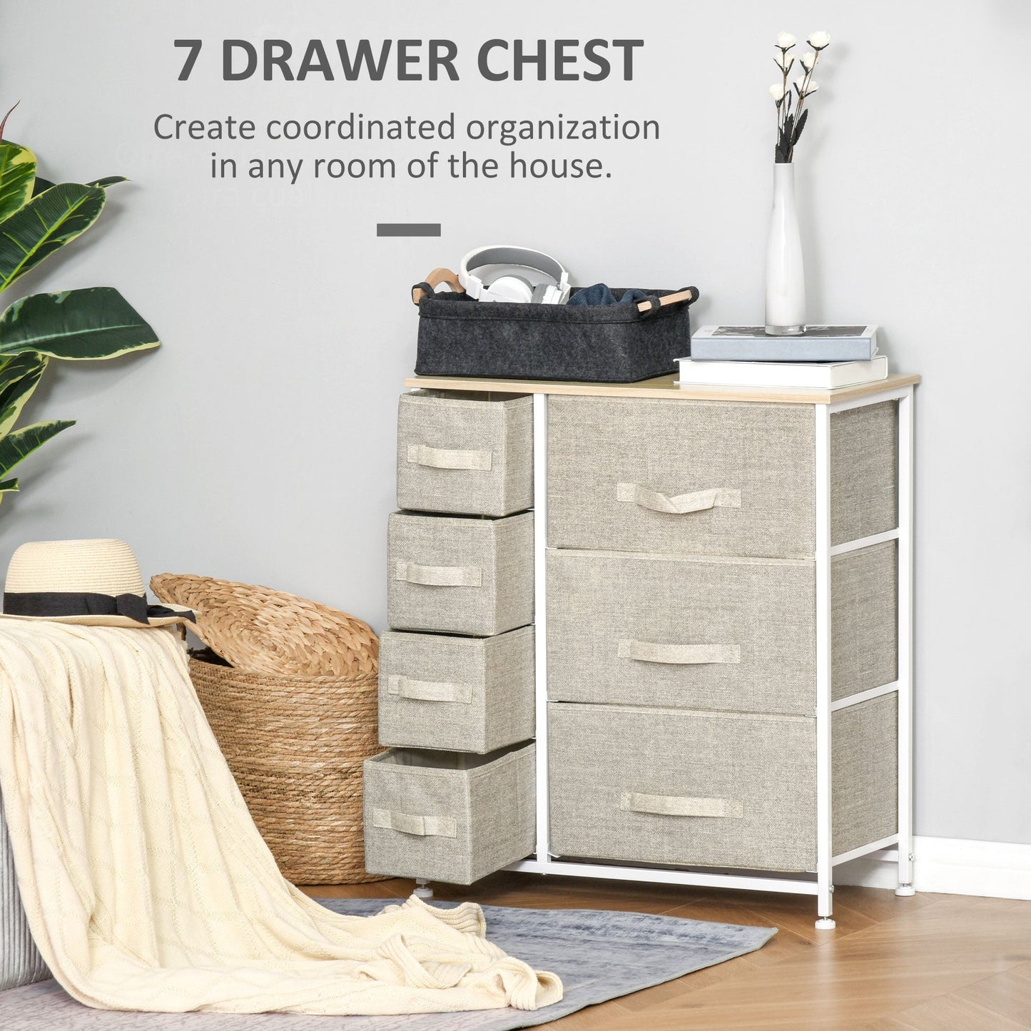HOMCOM Vertical 7 Linen Drawers Cabinet Organizer Storage Dresser Tower with Metal Frame Adjustable Feet for Living Room, Bathroom, Kitchen, White, Oak and Light Grey