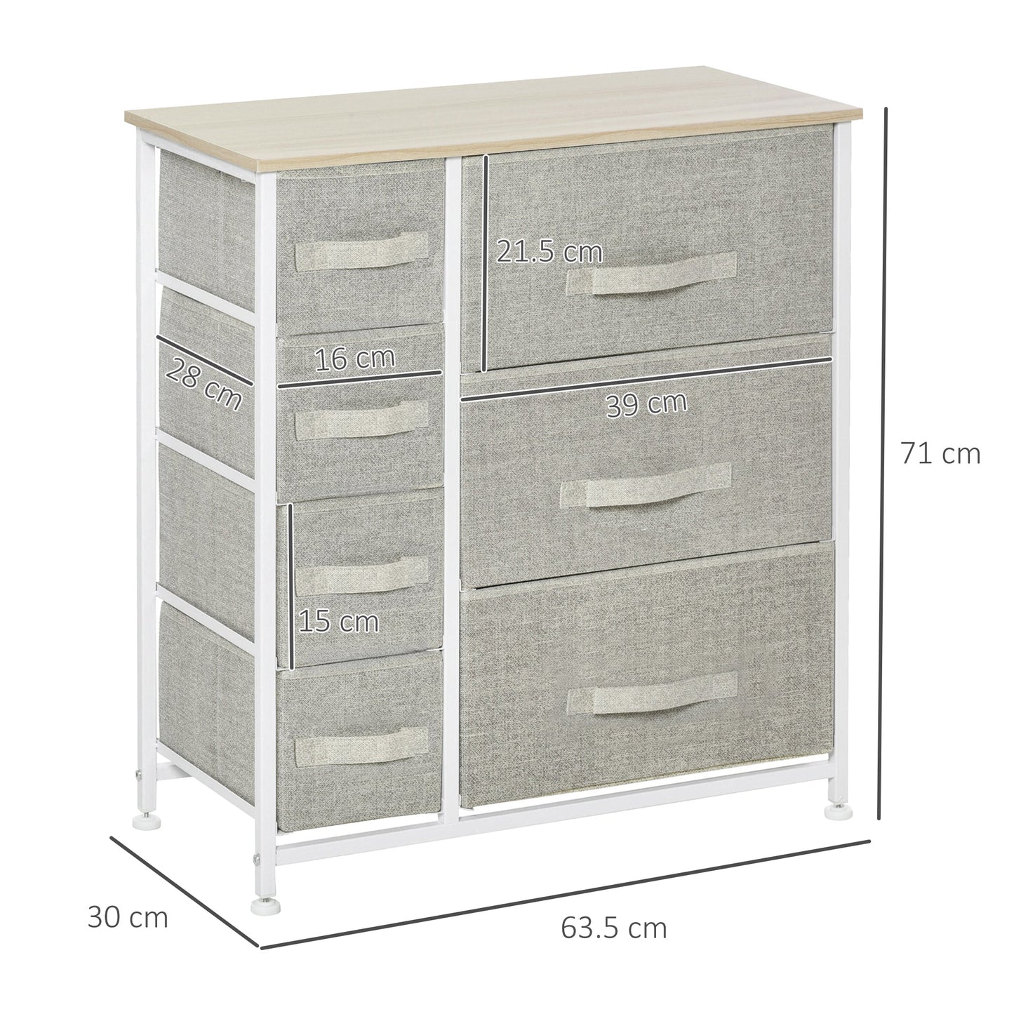 HOMCOM Vertical 7 Linen Drawers Cabinet Organizer Storage Dresser Tower with Metal Frame Adjustable Feet for Living Room, Bathroom, Kitchen, White, Oak and Light Grey