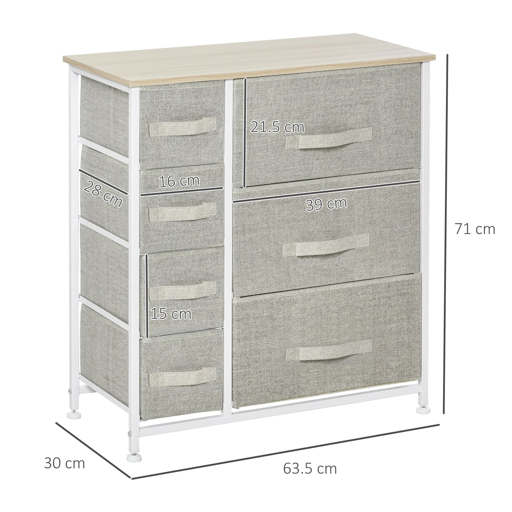 HOMCOM Vertical 7 Linen Drawers Cabinet Organizer Storage Dresser Tower with Metal Frame Adjustable Feet for Living Room, Bathroom, Kitchen, White, Oak and Light Grey