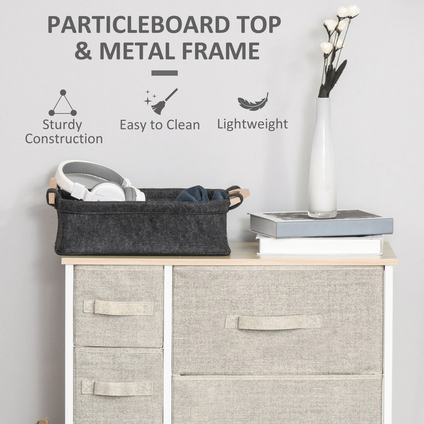 HOMCOM Vertical 7 Linen Drawers Cabinet Organizer Storage Dresser Tower with Metal Frame Adjustable Feet for Living Room, Bathroom, Kitchen, White, Oak and Light Grey