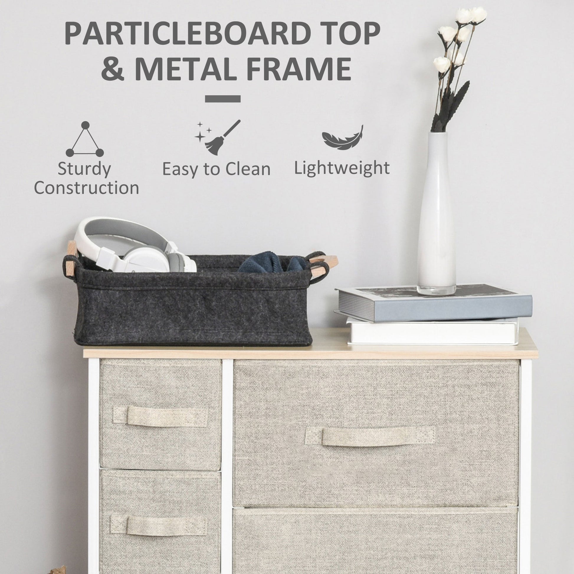HOMCOM Vertical 7 Linen Drawers Cabinet Organizer Storage Dresser Tower with Metal Frame Adjustable Feet for Living Room, Bathroom, Kitchen, White, Oak and Light Grey