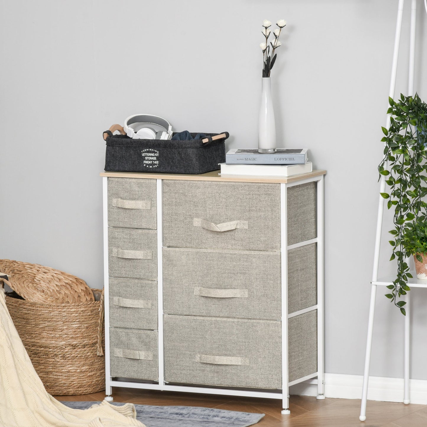 HOMCOM Vertical 7 Linen Drawers Cabinet Organizer Storage Dresser Tower with Metal Frame Adjustable Feet for Living Room, Bathroom, Kitchen, White, Oak and Light Grey