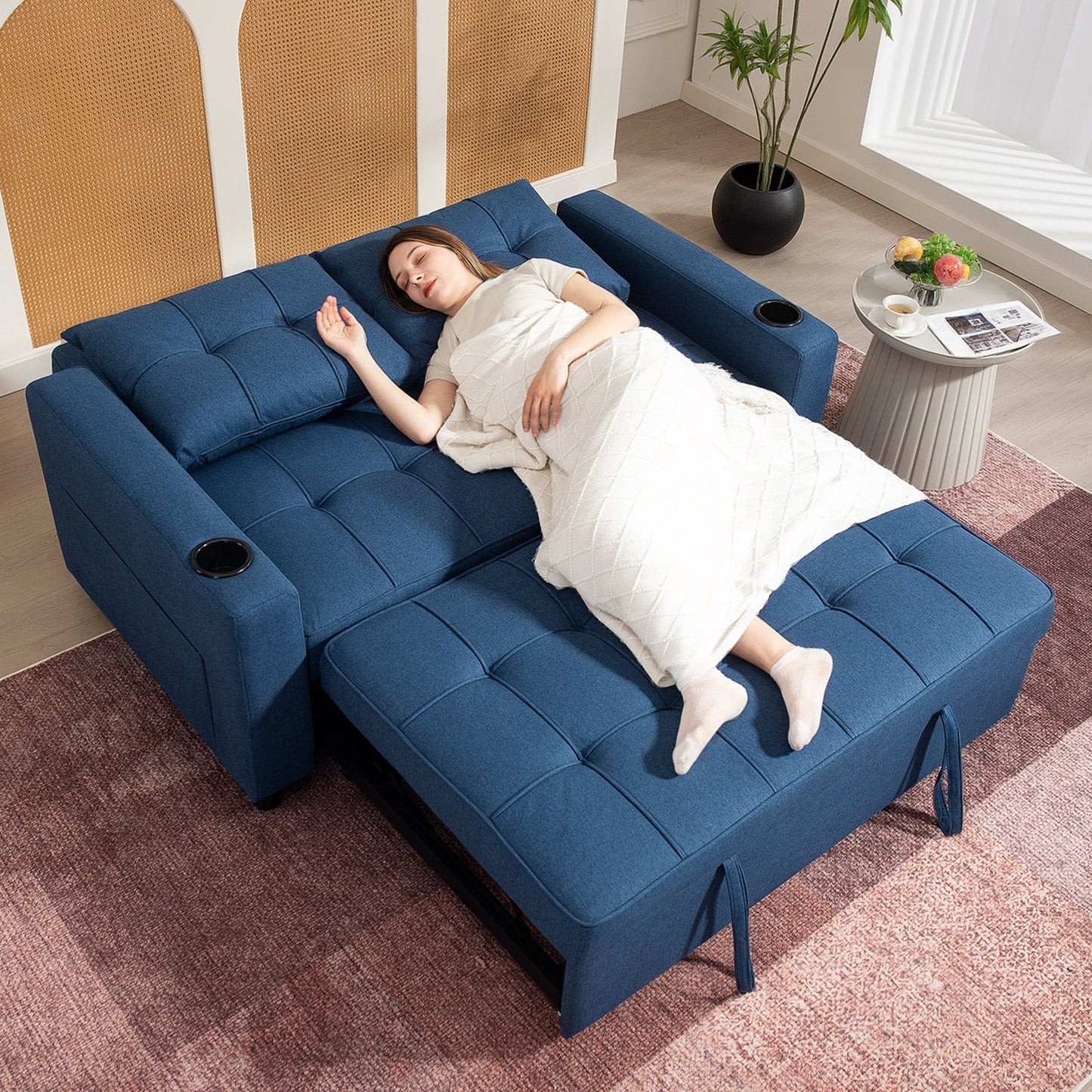 3-in-1 2 Seater Sofa Bed, Convertible Sleeper Sofa with Adjustable Backrest, Fabric Pull Out Loveseat Bed with 2 Pillows, Side Pockets and Cup Holders for Living Room, Bedroom, Dark Blue