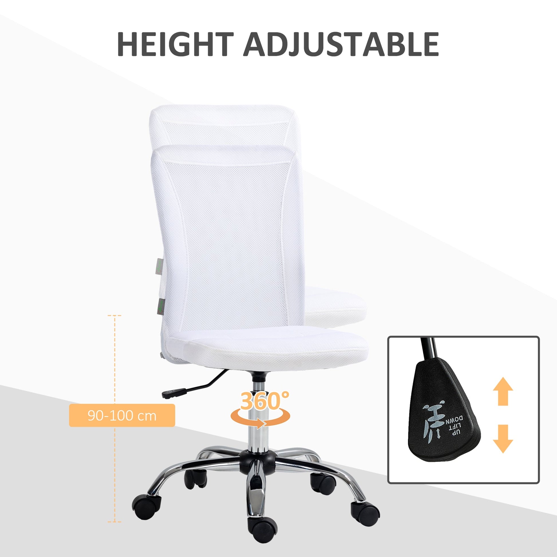 Vinsetto Office Chair, Armless Desk Chair, Adjustable Computer Swivel Chair with Rolling Wheels and Mesh Back for Home Work Study, White