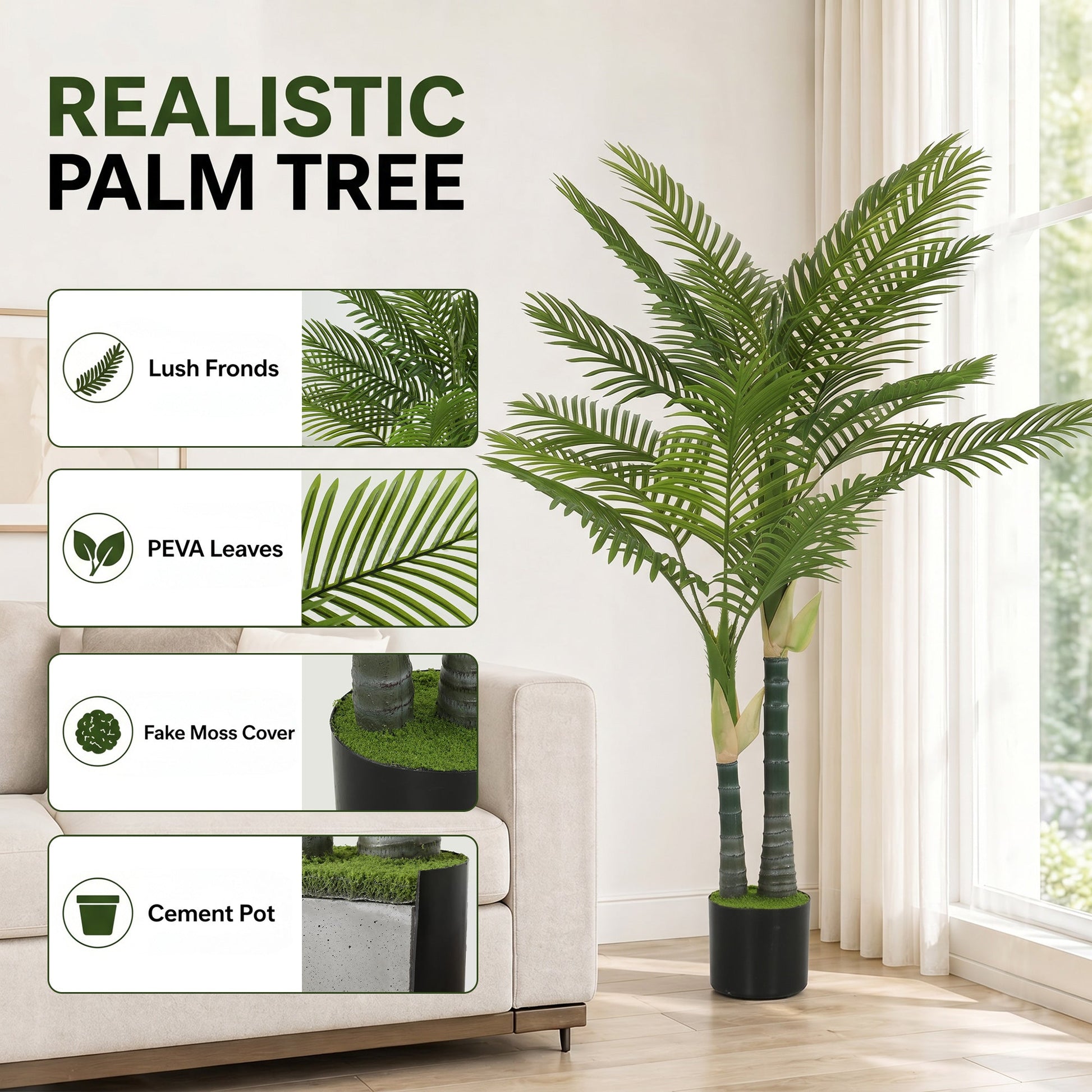 150cm Artificial Palm Tree with 16 PEVA Leaves in Pot, Decorative Artificial Plant with UV-resistant and Moss Effect, Fake Plant for Home Office Decor, Green