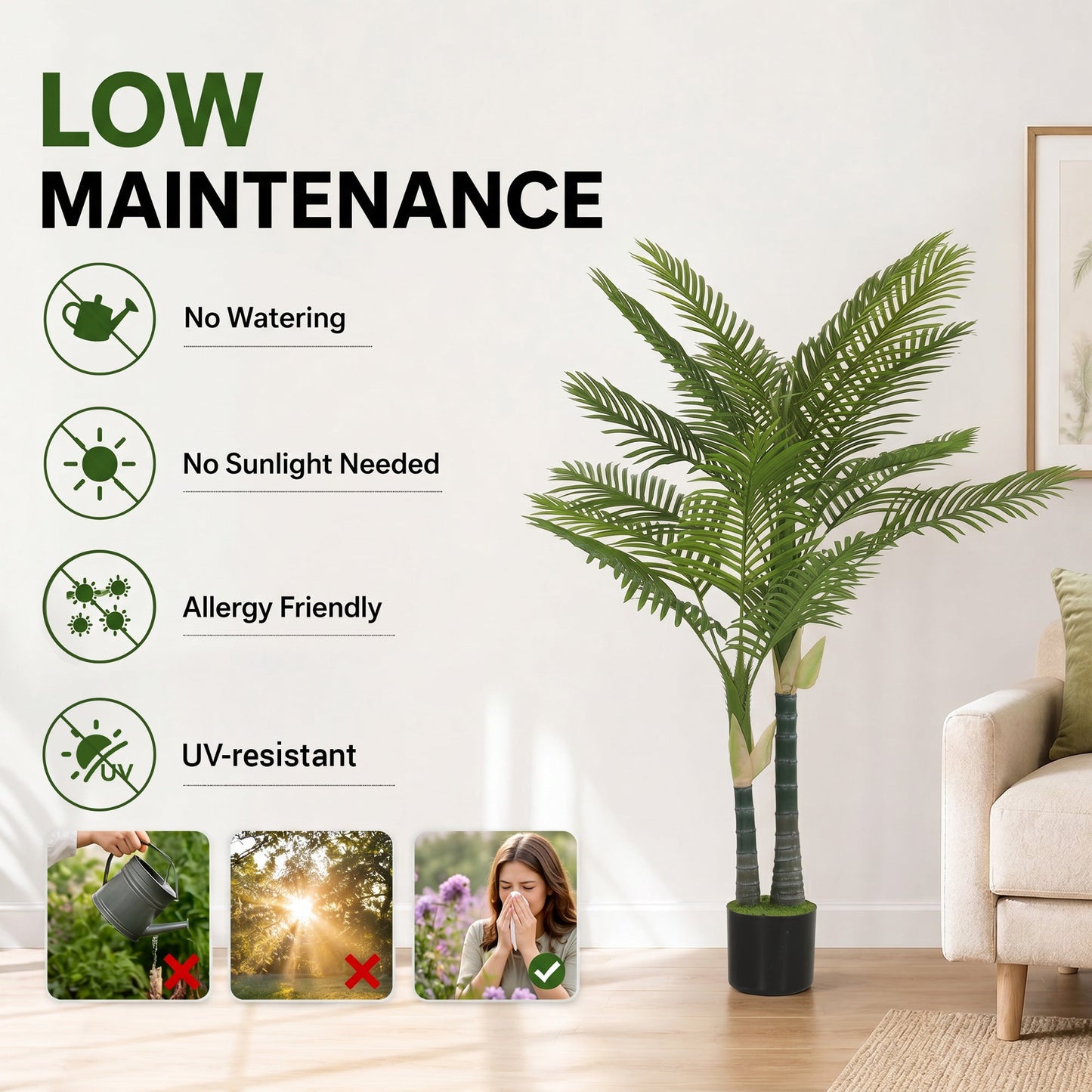 150cm Artificial Palm Tree with 16 PEVA Leaves in Pot, Decorative Artificial Plant with UV-resistant and Moss Effect, Fake Plant for Home Office Decor, Green