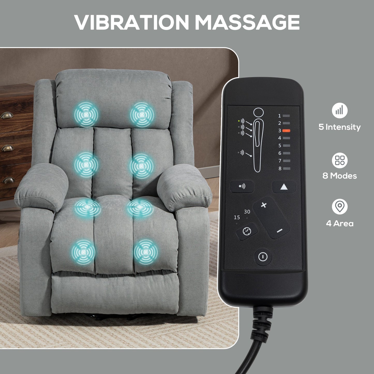 Power Lift Recliner Chair with Massage, Linen Overstuffed Lift Chair for Elderly, Electric Recliner Armchair with Footrest, Remote Control and Side Pocket, for Living Room, Light Grey
