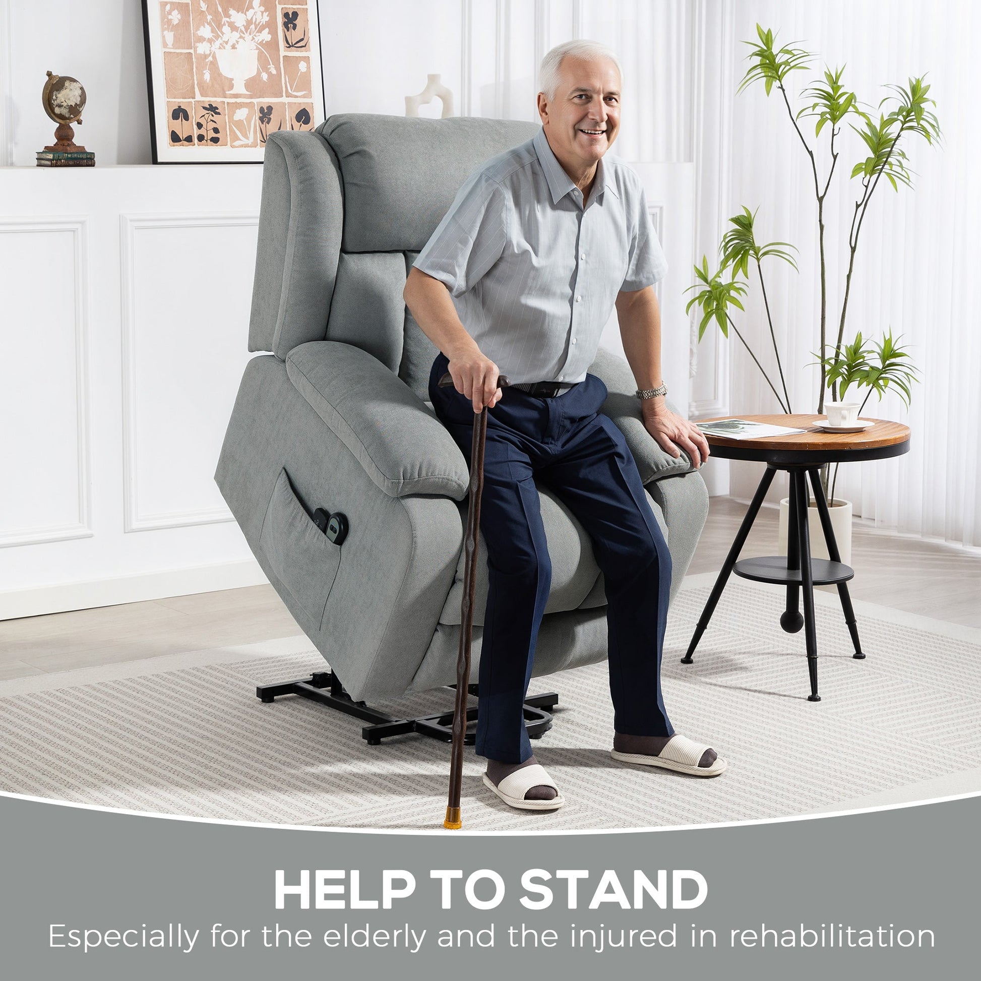Power Lift Recliner Chair with Massage, Linen Overstuffed Lift Chair for Elderly, Electric Recliner Armchair with Footrest, Remote Control and Side Pocket, for Living Room, Light Grey