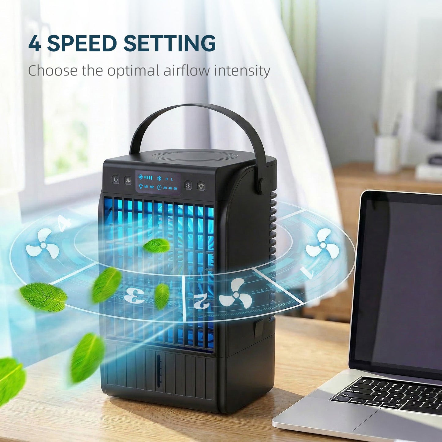 Portable Air Conditioner, 4-in-1 Mini Air Cooler with 4 Wind Speed, 2 Mist Mode, RGB 7 LED Light, 1500ml Water Tank, 2-6H Timer, Small Cooling Fan for Home, Office, Bedroom, Black