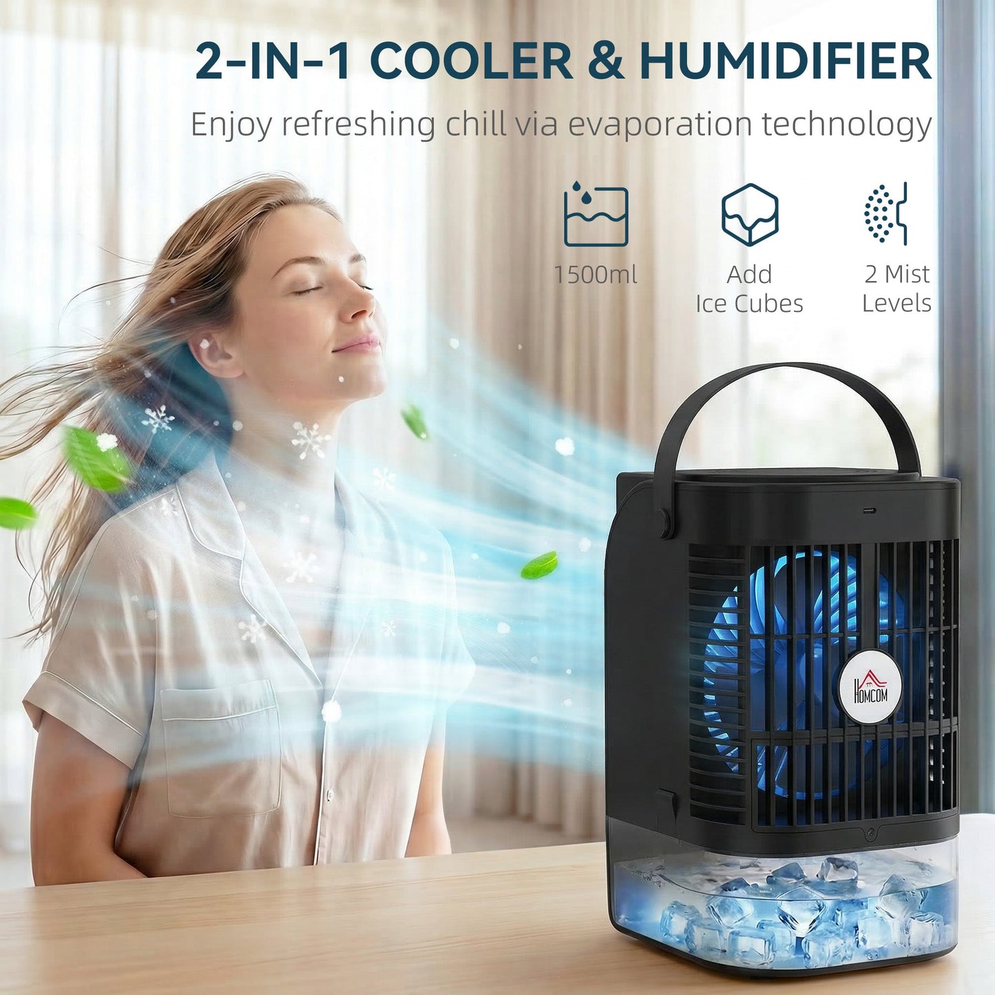 Portable Air Conditioner, 4-in-1 Mini Air Cooler with 4 Wind Speed, 2 Mist Mode, RGB 7 LED Light, 1500ml Water Tank, 2-6H Timer, Small Cooling Fan for Home, Office, Bedroom, Black