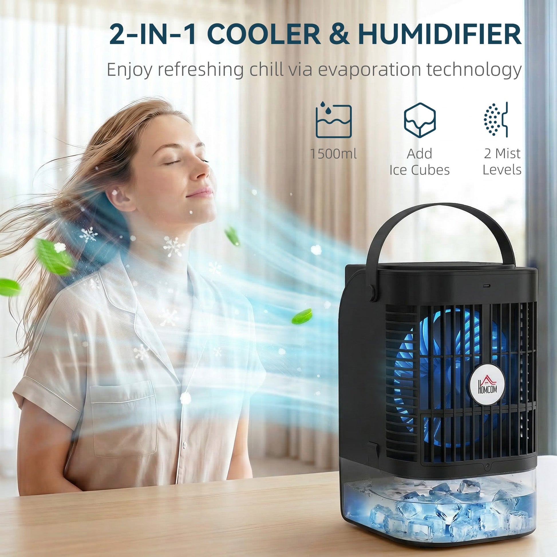 Portable Air Conditioner, 4-in-1 Mini Air Cooler with 4 Wind Speed, 2 Mist Mode, RGB 7 LED Light, 1500ml Water Tank, 2-6H Timer, Small Cooling Fan for Home, Office, Bedroom, Black