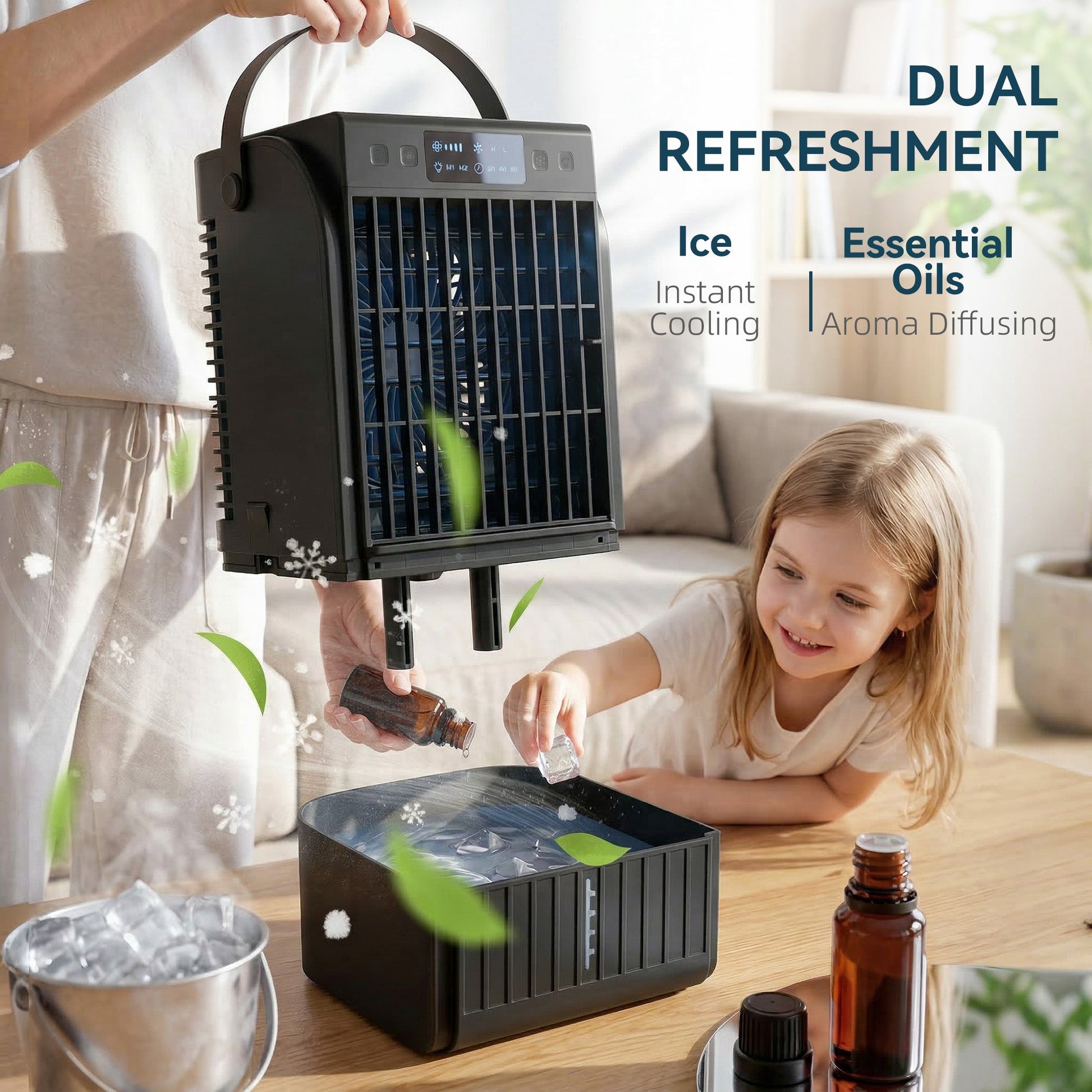 Portable Air Conditioner, 4-in-1 Mini Air Cooler with 4 Wind Speed, 2 Mist Mode, RGB 7 LED Light, 1500ml Water Tank, 2-6H Timer, Small Cooling Fan for Home, Office, Bedroom, Black
