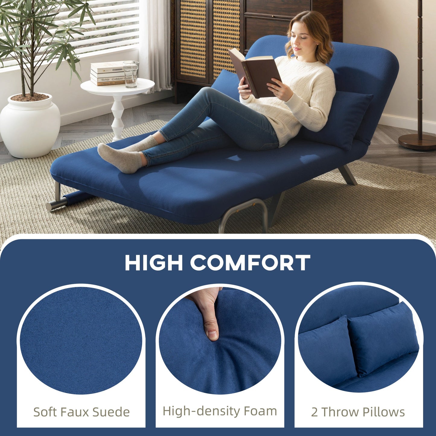 2 Seater Sofa Bed, Click Clack Convertible Bed Settee, Modern Faux Suede Upholstered Sofa with 2 Pillows for Living Room, Guest Room, Dark Blue