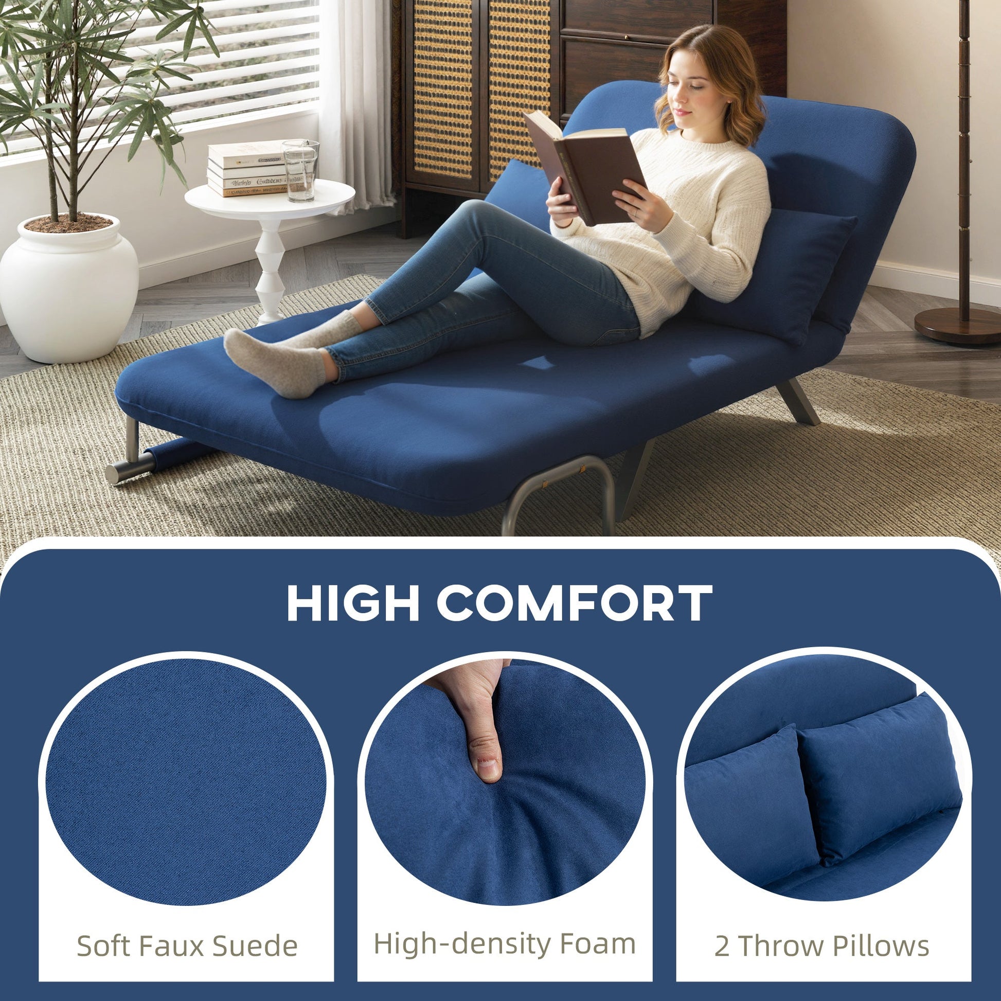 2 Seater Sofa Bed, Click Clack Convertible Bed Settee, Modern Faux Suede Upholstered Sofa with 2 Pillows for Living Room, Guest Room, Dark Blue
