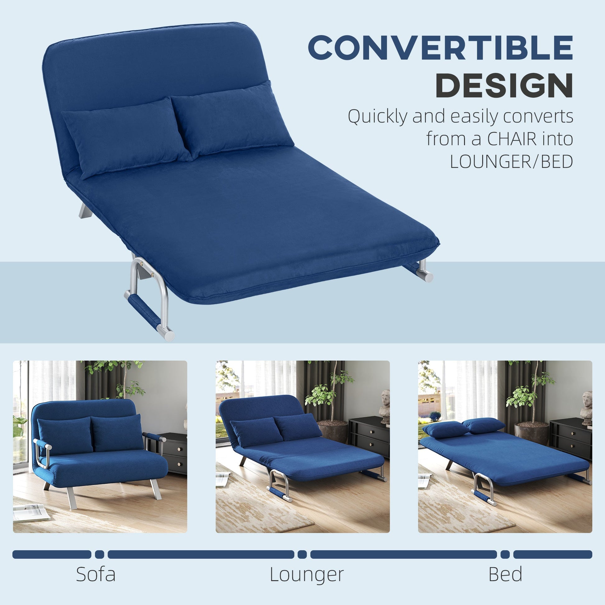 2 Seater Sofa Bed, Click Clack Convertible Bed Settee, Modern Faux Suede Upholstered Sofa with 2 Pillows for Living Room, Guest Room, Dark Blue
