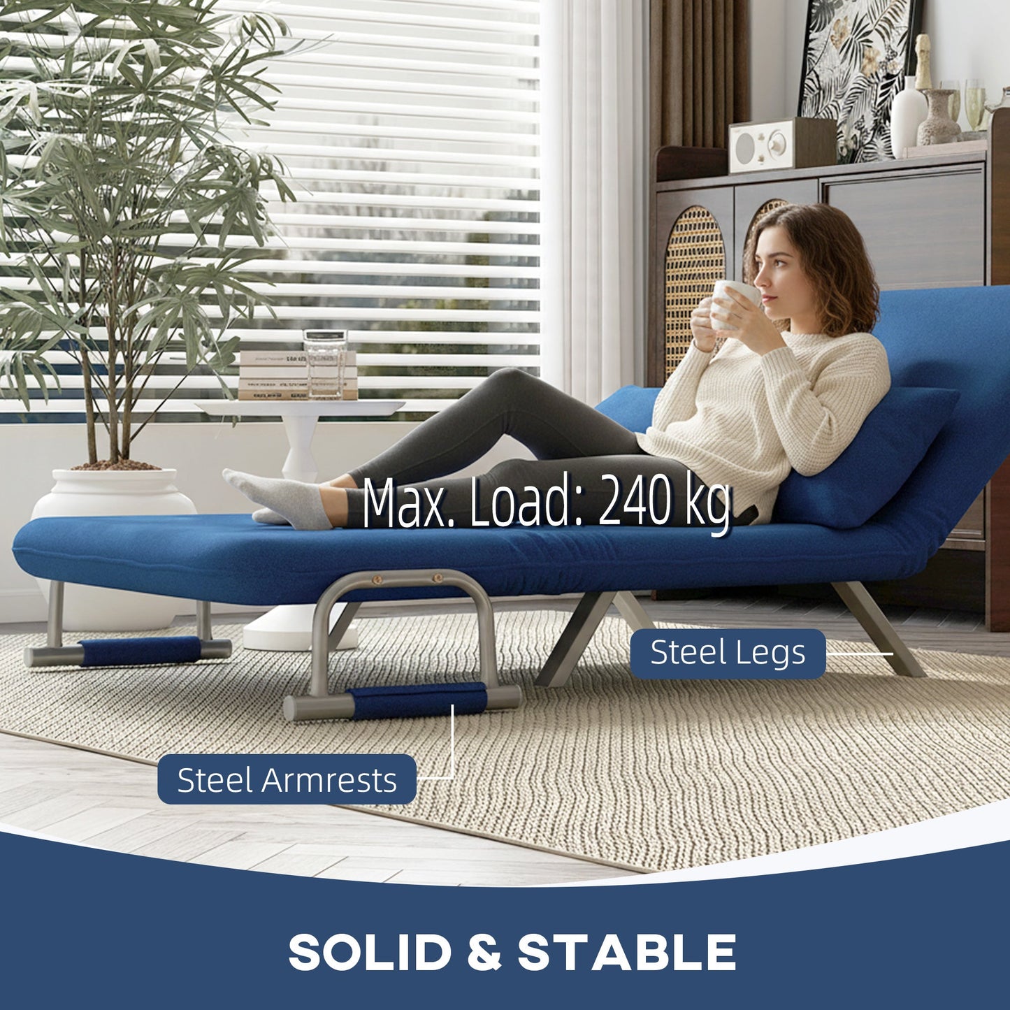 2 Seater Sofa Bed, Click Clack Convertible Bed Settee, Modern Faux Suede Upholstered Sofa with 2 Pillows for Living Room, Guest Room, Dark Blue
