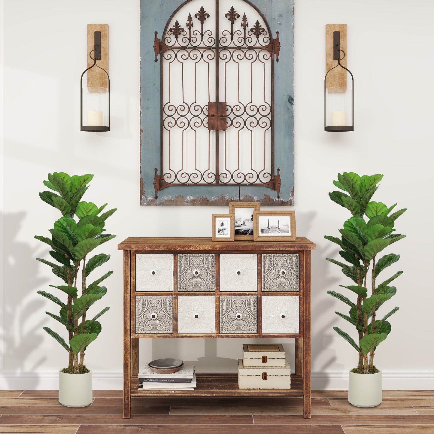120cm Artificial Fiddle Leaf Fig Trees Set of Two with Solid Wood Trunks, Decorative Artificial Plants with 45 Leaves in Pot for Indoor Living Room Office Home Decor, Green