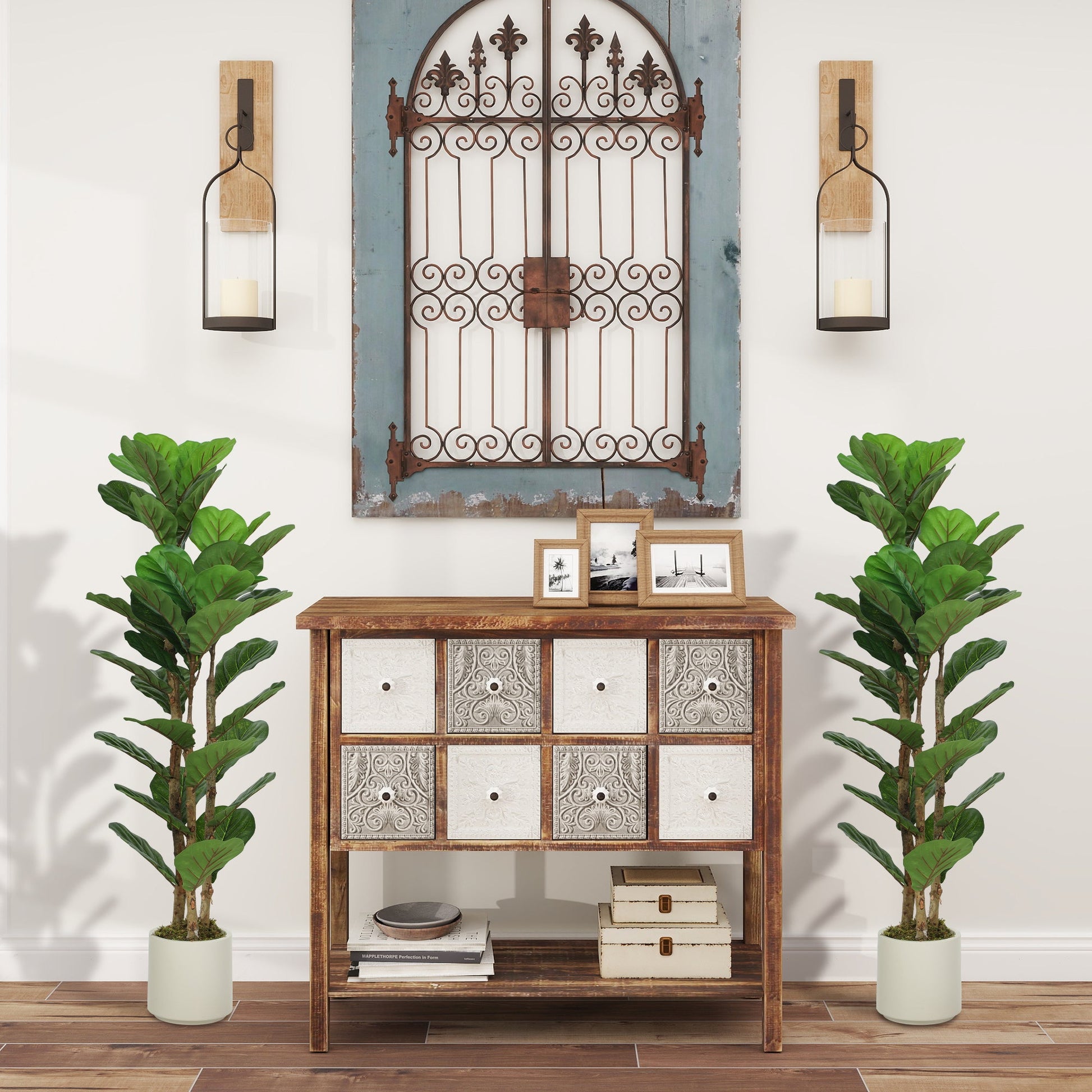 120cm Artificial Fiddle Leaf Fig Trees Set of Two with Solid Wood Trunks, Decorative Artificial Plants with 45 Leaves in Pot for Indoor Living Room Office Home Decor, Green