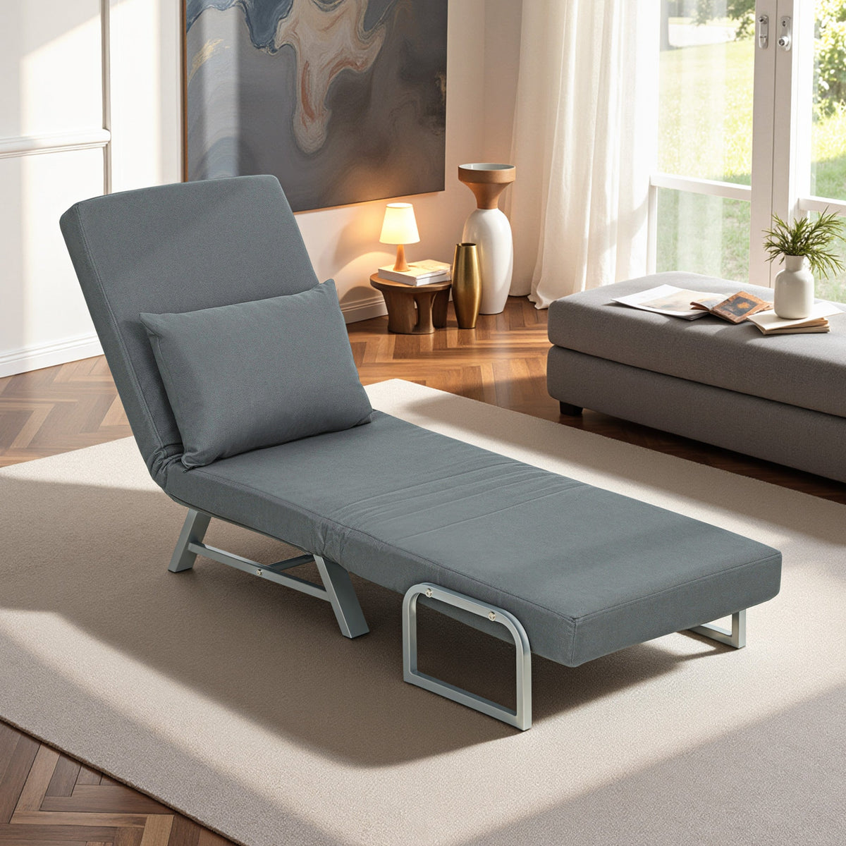 Single Sofa Bed, 3-in-1 Convertible Folding Chair Bed with Adjustable Backrest, Removable Armrests, Steel Legs, Linen Sleeper Chair for Living Room, Bedroom, Small Space, Dark Grey