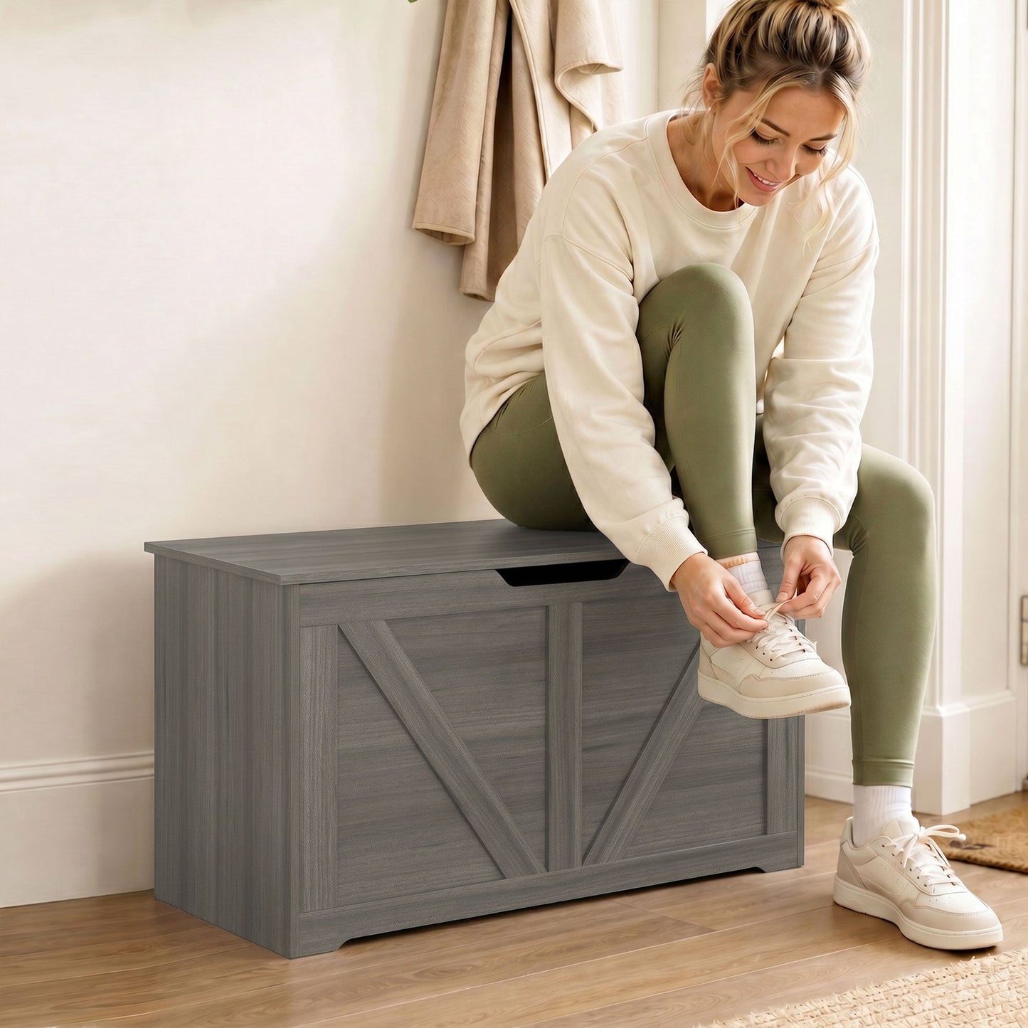 100L Storage Chest, Shoe Storage Trunk Bench Box with Safety Hinge and U-shaped Cut-out Pull, Blanket Box Ottoman for Bedroom, Living Room, Entryway, 80 x 40 x 45 cm, Dark Grey Wood-Effect