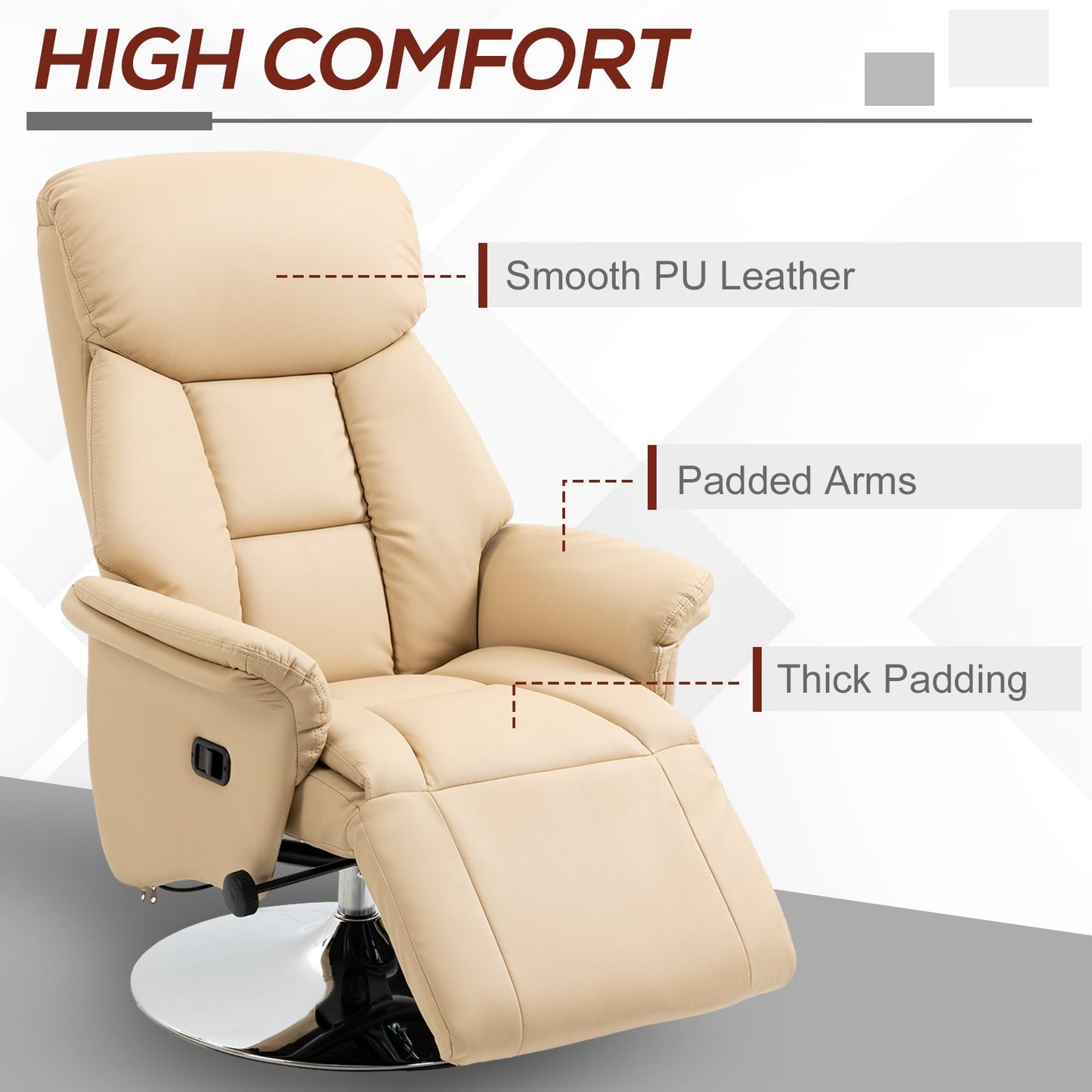Manual Recliner Chair for Adults, Adjustable Swivel Recliner with Footrest, Padded Arms, PU Leather Upholstery and Steel Base for Living Room, Beige