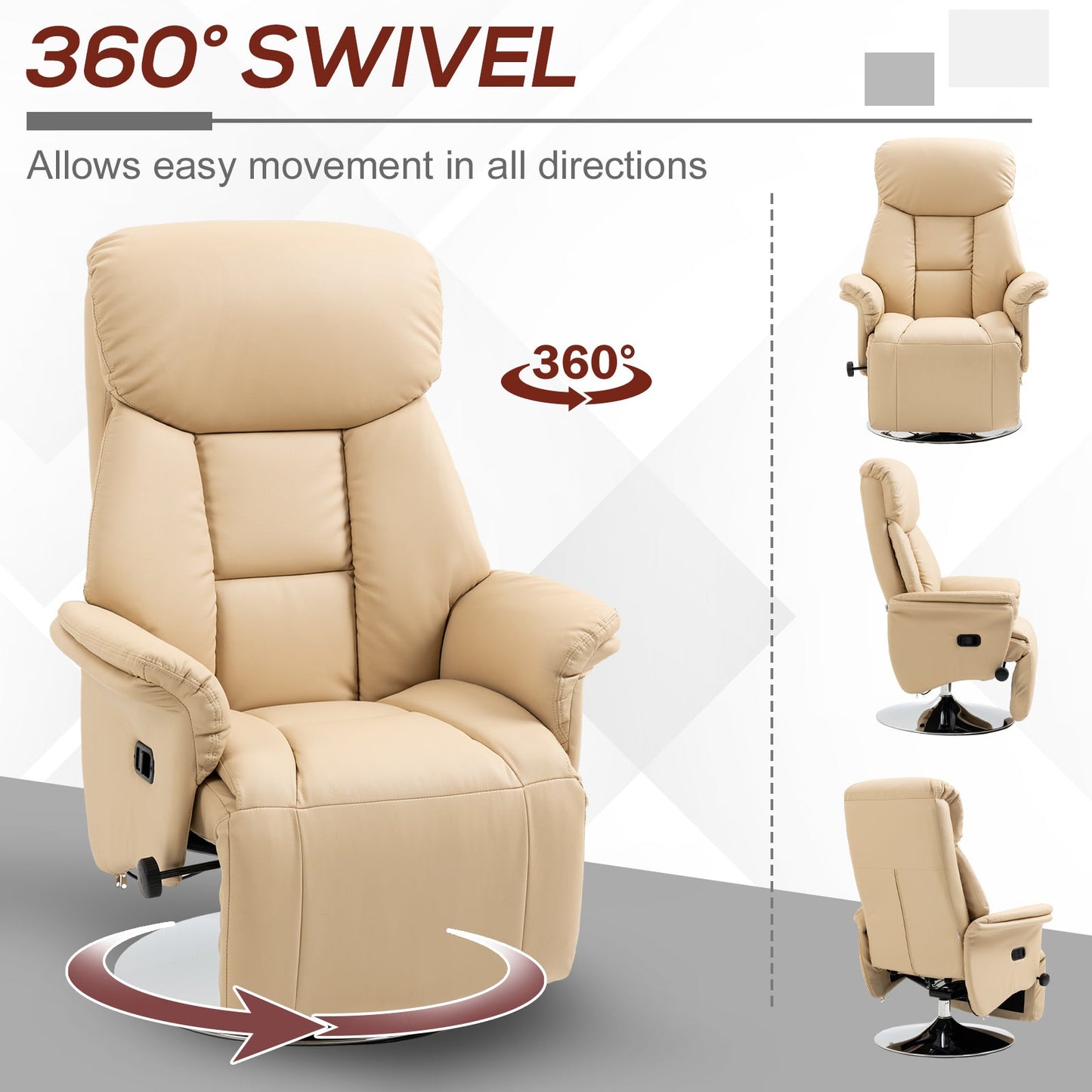 Manual Recliner Chair for Adults, Adjustable Swivel Recliner with Footrest, Padded Arms, PU Leather Upholstery and Steel Base for Living Room, Beige